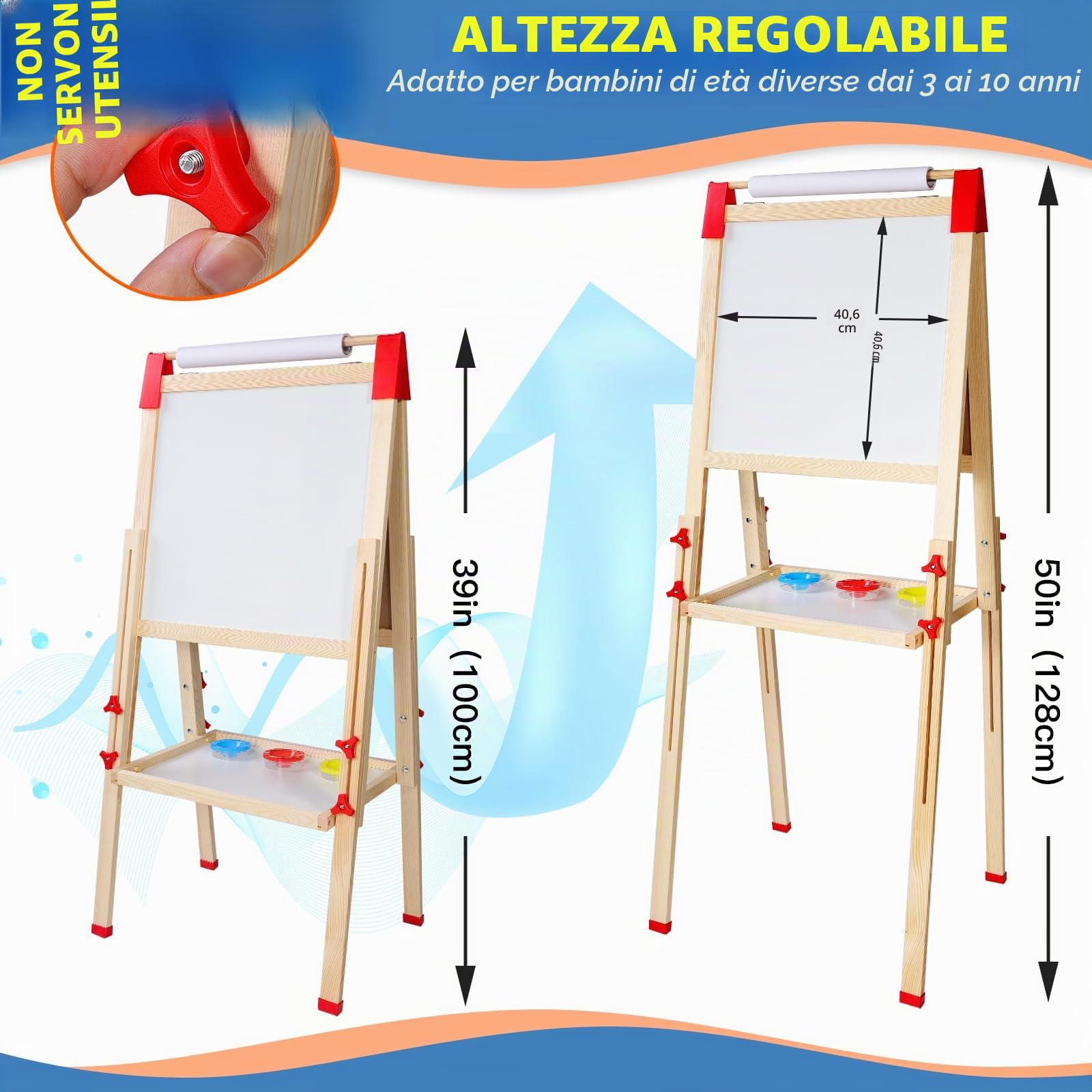 Cavalletto per Bambini in Legno con Supporto per Rotoli di Carta, Doppia Faccia, Lavagna per Giochi in Legno, Lavagna per Gessi e Lavagna Bianca per Ragazzi e Ragazze