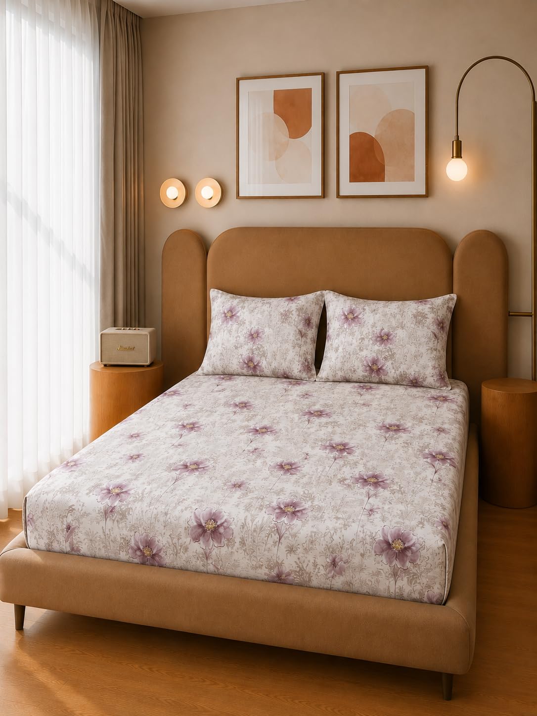 THE HOME STYLE Cotton Feel Glace Cotton Elastic Fitted Printed King Size Double Bed Bedsheet with 2 Pillow Cover Fits Upto 8 Inches Mattress, 300TC (72"x78", Ivory Lilac)