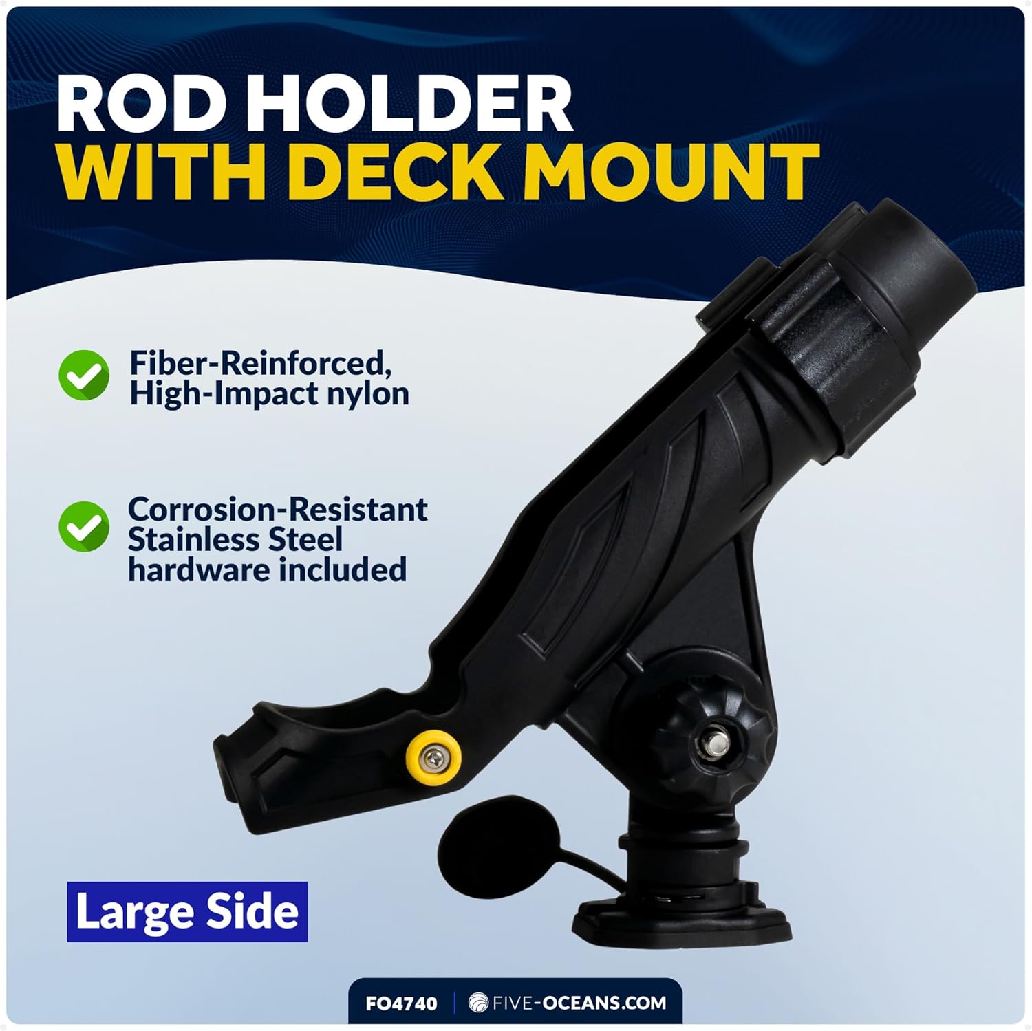 Five Oceans Fishing Rod Holder, with Deck Mount Base, Black, High-Impact Nylon, Multiple Sizes