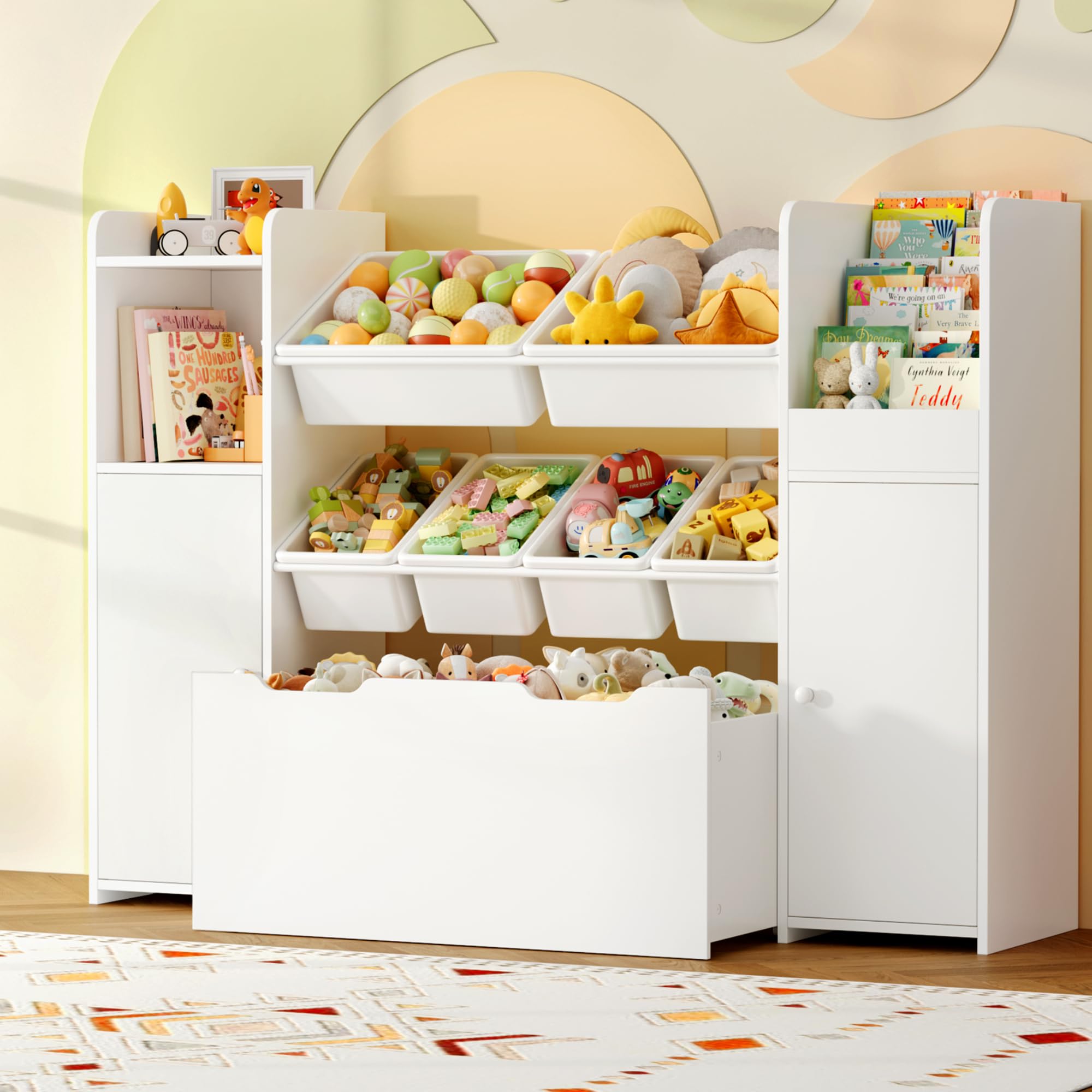 FOREHILL Kinderregal mit 7 Boxen, Kinderzimmer Möbel, Bücherregal Kinder | Kinderregal, Spielzeug Aufbewahrung, Kinderschrank mit spielzeugkiste, Kinderzimmer, Kindergarten, Leseecke 138x30x94cm