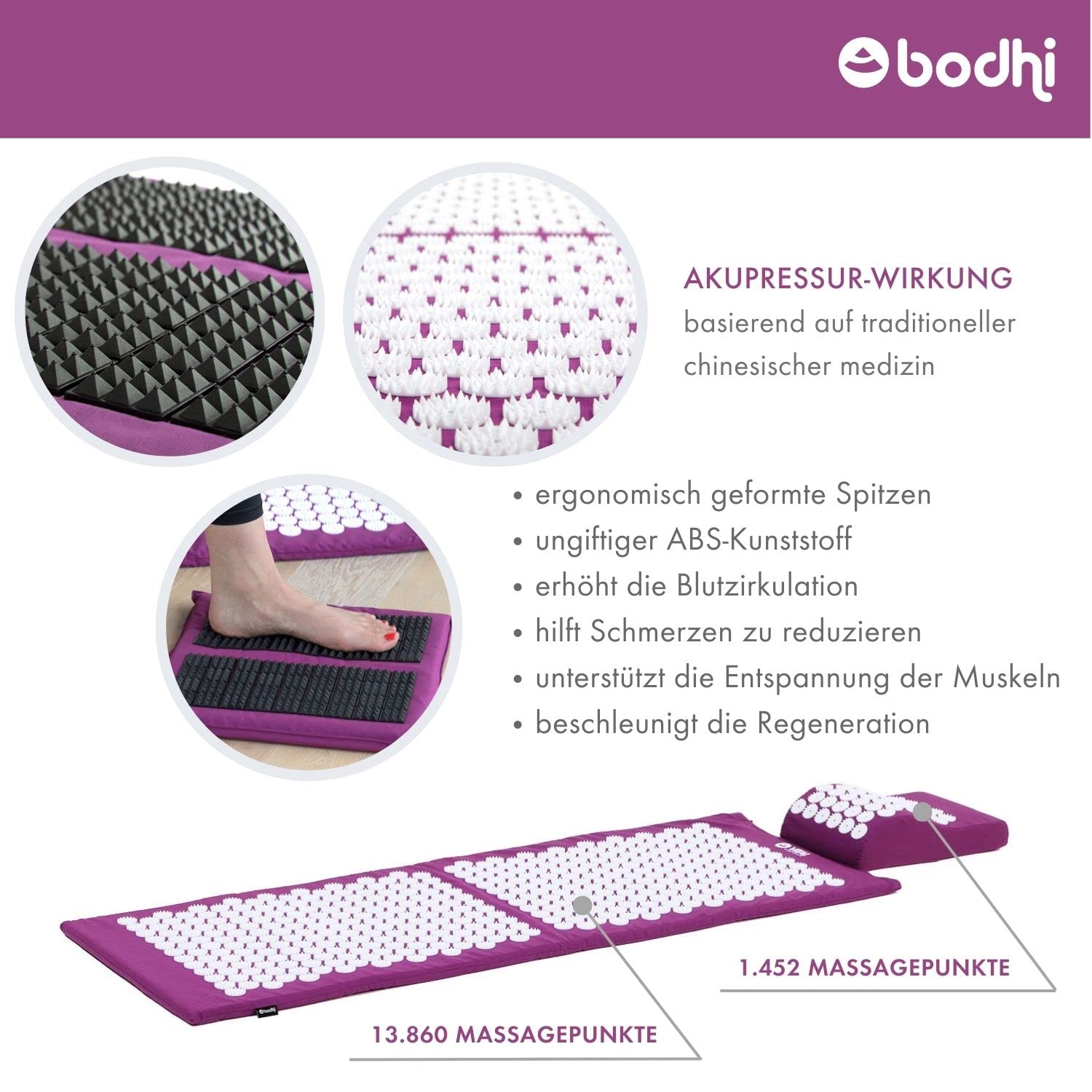 Bodhi VITAL Akupressurmatte XL Deluxe-Set Spiky | Massagematte im Set mit Nadelkissen, Fußmatte & Tasche | Selbstmassage für zu Hause | Fakirmatte gegen Nacken & Rückenschmerzen | aubergine
