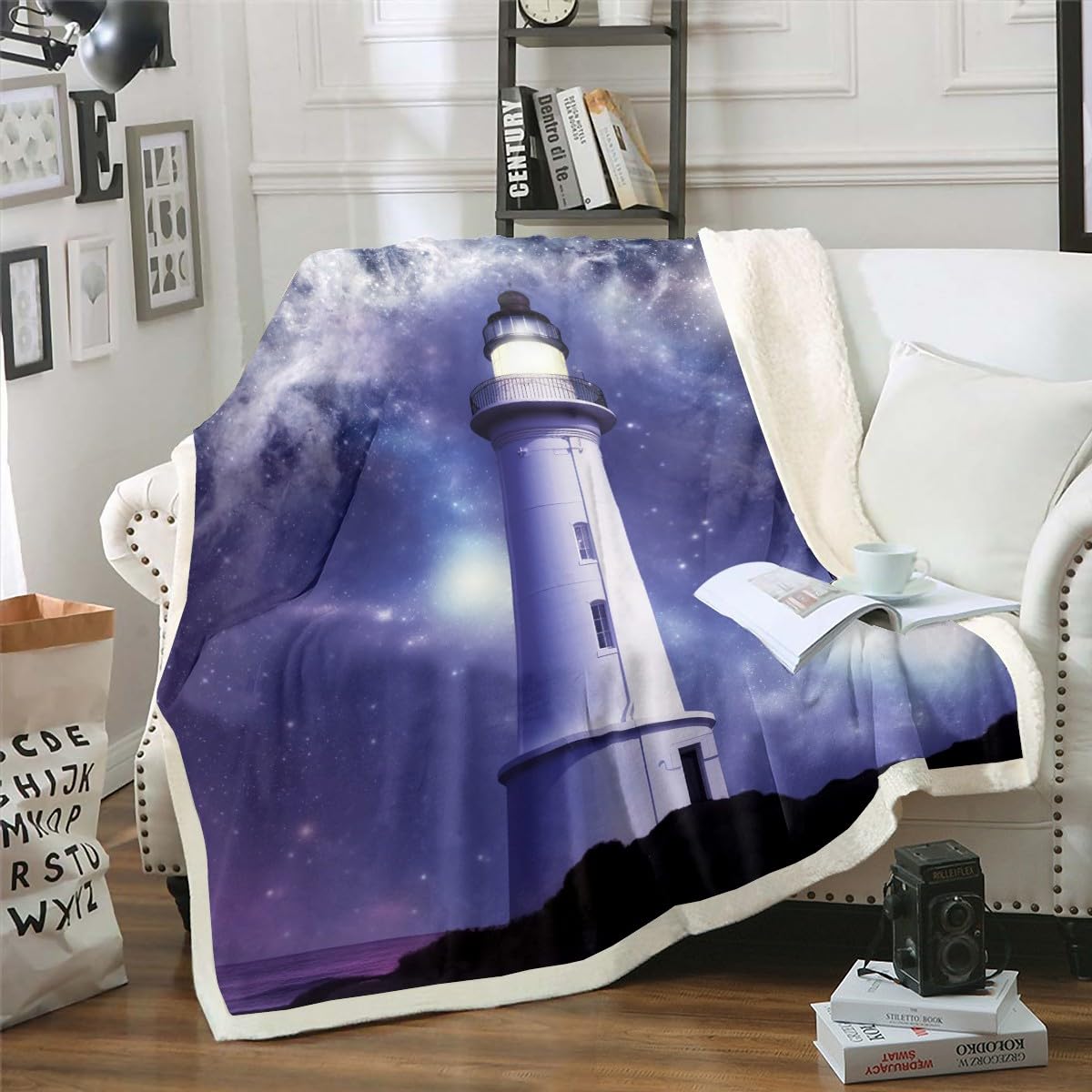 Erosebridal Lighthouse Fuzzy Nautical Bed Blanket - Purple Galaxy Starry Sky Outer Space Universe Fleece Trippy Throw Blanket for Adults, Home
