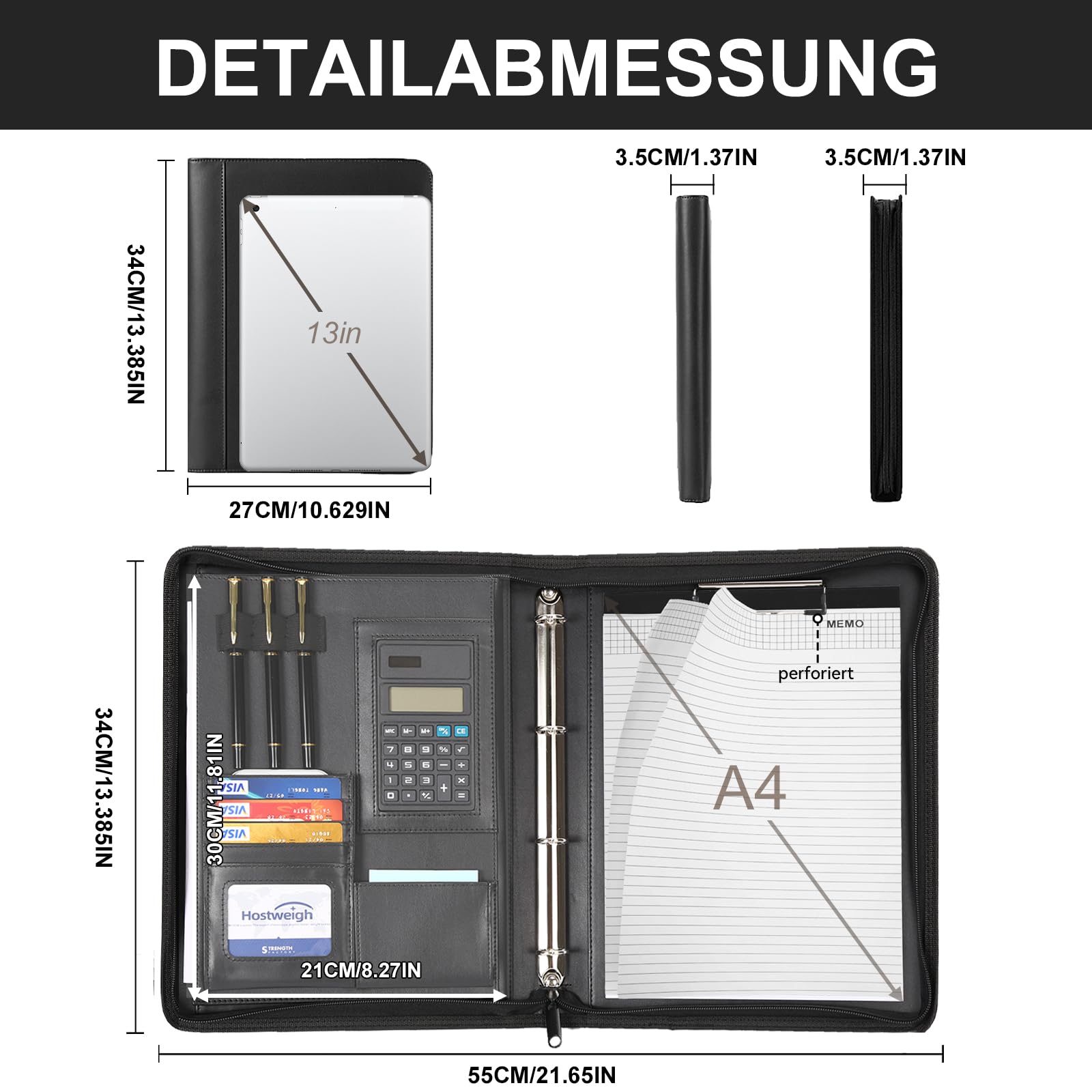 Leathario A4 Konferenzmappe, Schreibmappe mit Ringbuch，Reißverschluss,Ringbuchmappe Portfolio, Dokumentenmappe Aktenmappe Mappe Schreibblock Schwarz