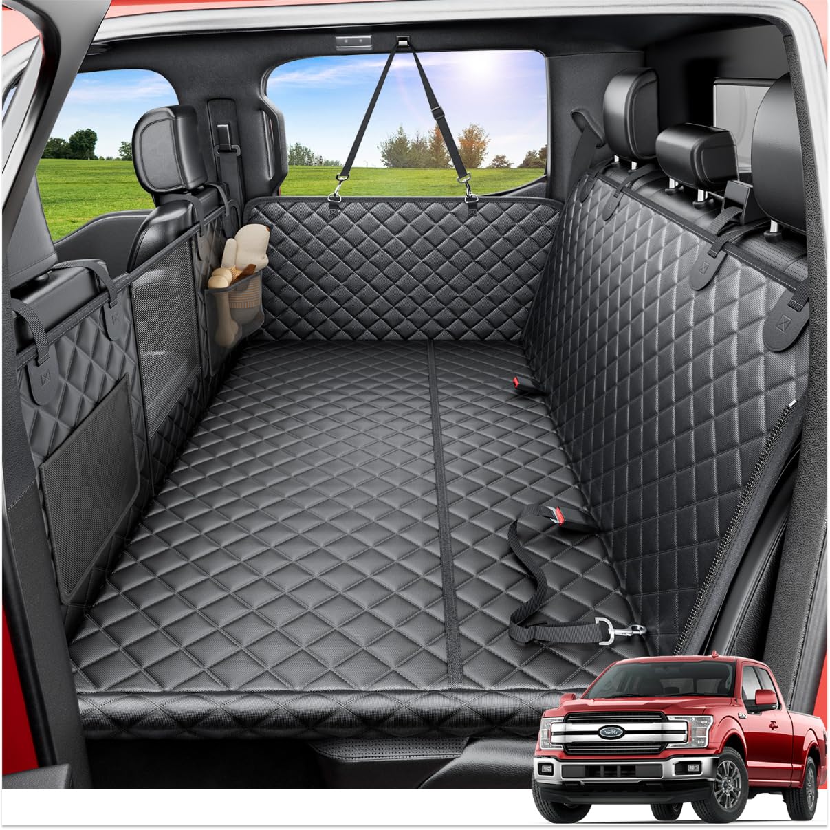 REEVAA Dog Truck Seat Cover for Back Seat, Hard Bottom Dog Hammock for Car, Pet Bed Extender for 2-4 Large Dogs, Waterproof Seat Protector, Universal XL Size Fits for Crew Cab Truck/SUV, Black