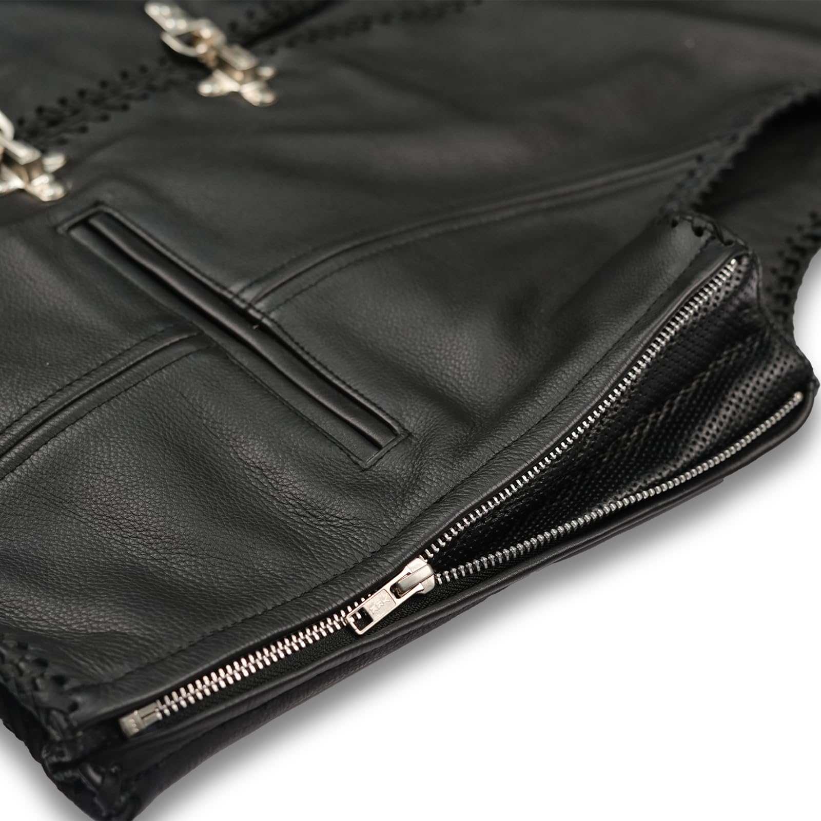 Leatherick Gilet da Motociclista in vera Pelle nera da Uomo - Design Classico Intrecciato, Lacci Laterali e Cerniera Gilet da Motociclista da Uomo con Fibbie a Gancio da Pesca
