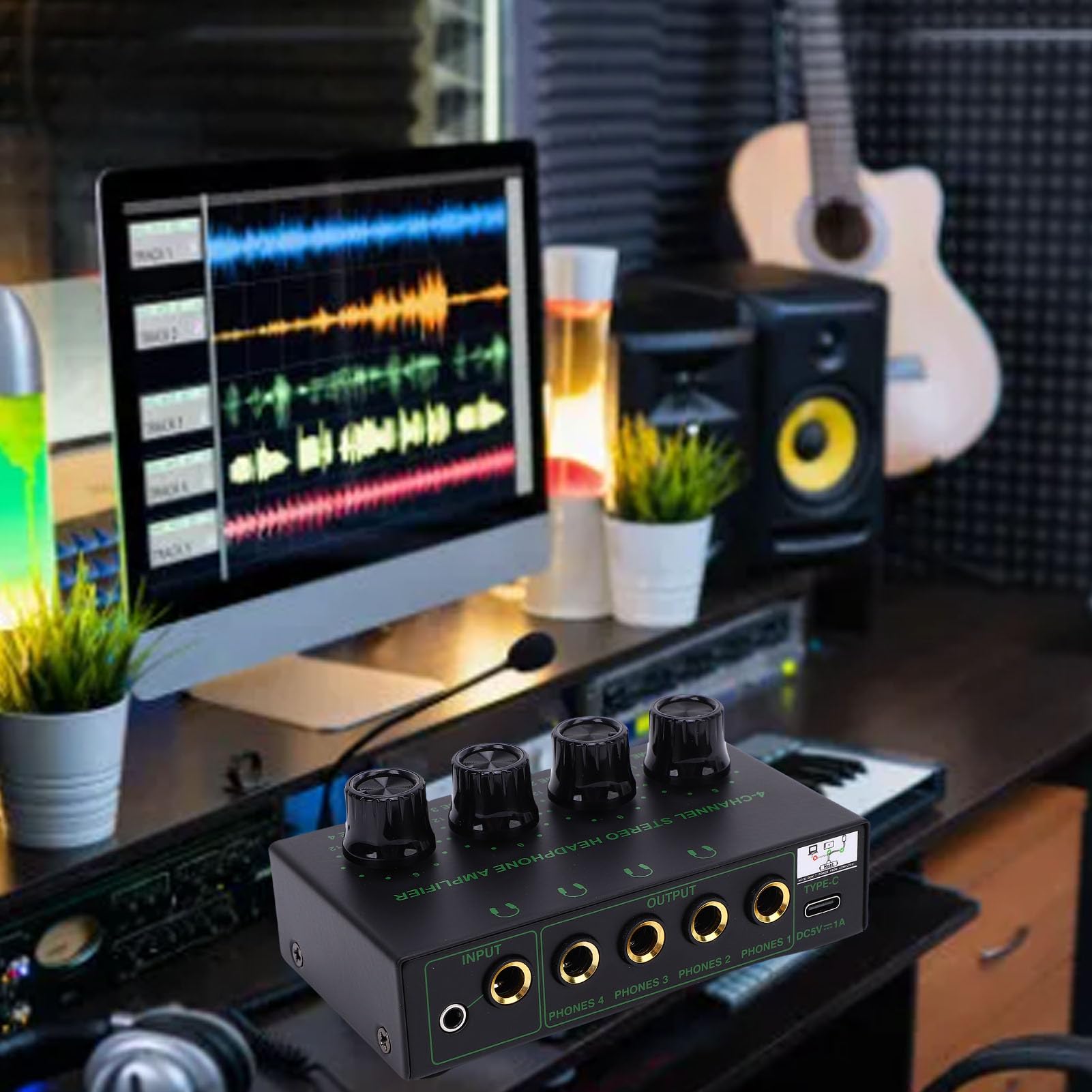 PolyGen Amplificatore per cuffie 4 canali con ingresso di alimentazione USB, uscita da 100 mW e robusto involucro in metallo, amplificatore per cuffie portatile audio stereo TRS