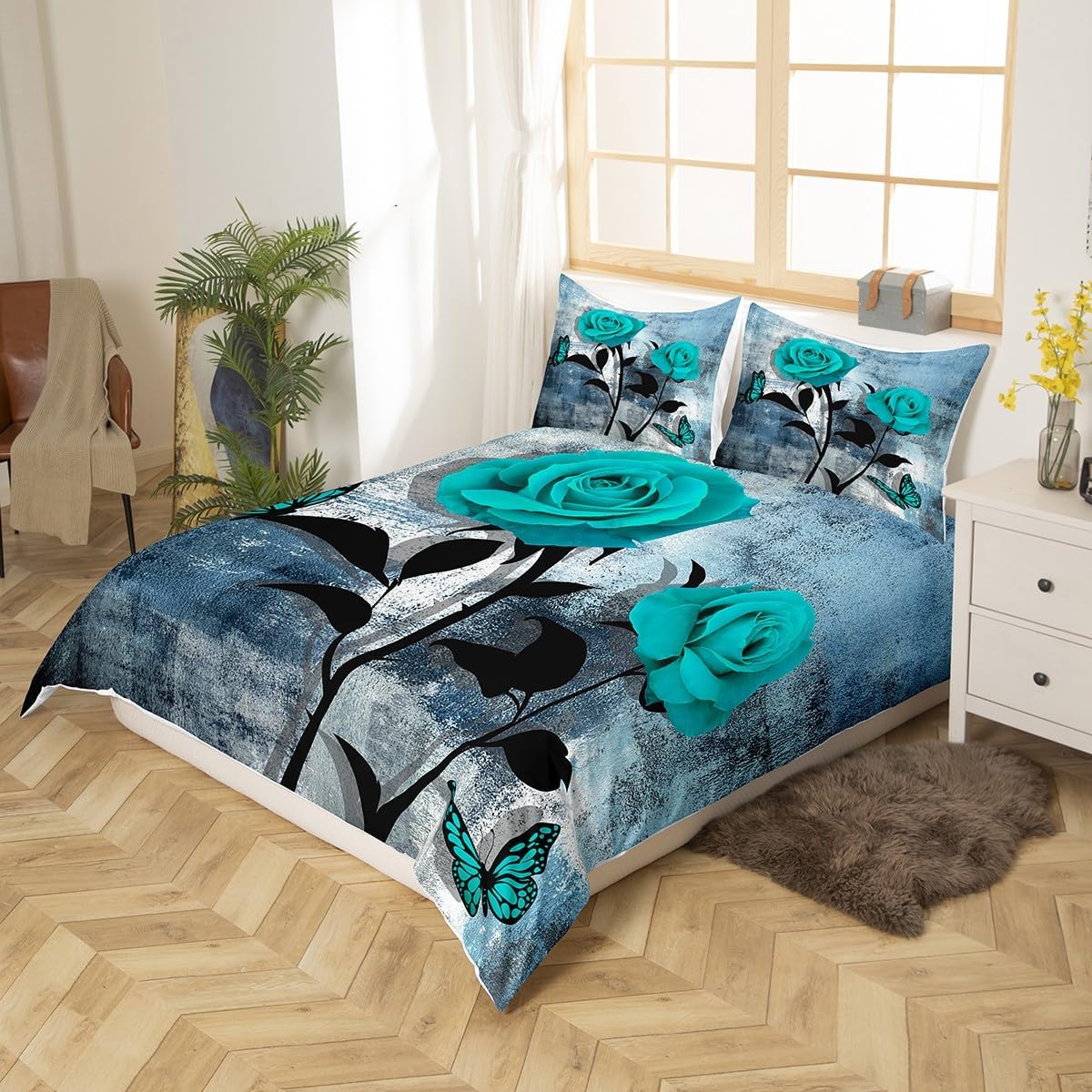 Blue Rose Bedding Set for Girls Women,Blue and Grey Ombre Duvet Cover,Rustic Grunge Butterflies Floral Comforter Cover Bedroom Decor,Graffiti Oil Painting Quilt Cover with 2 Pillowcases,King