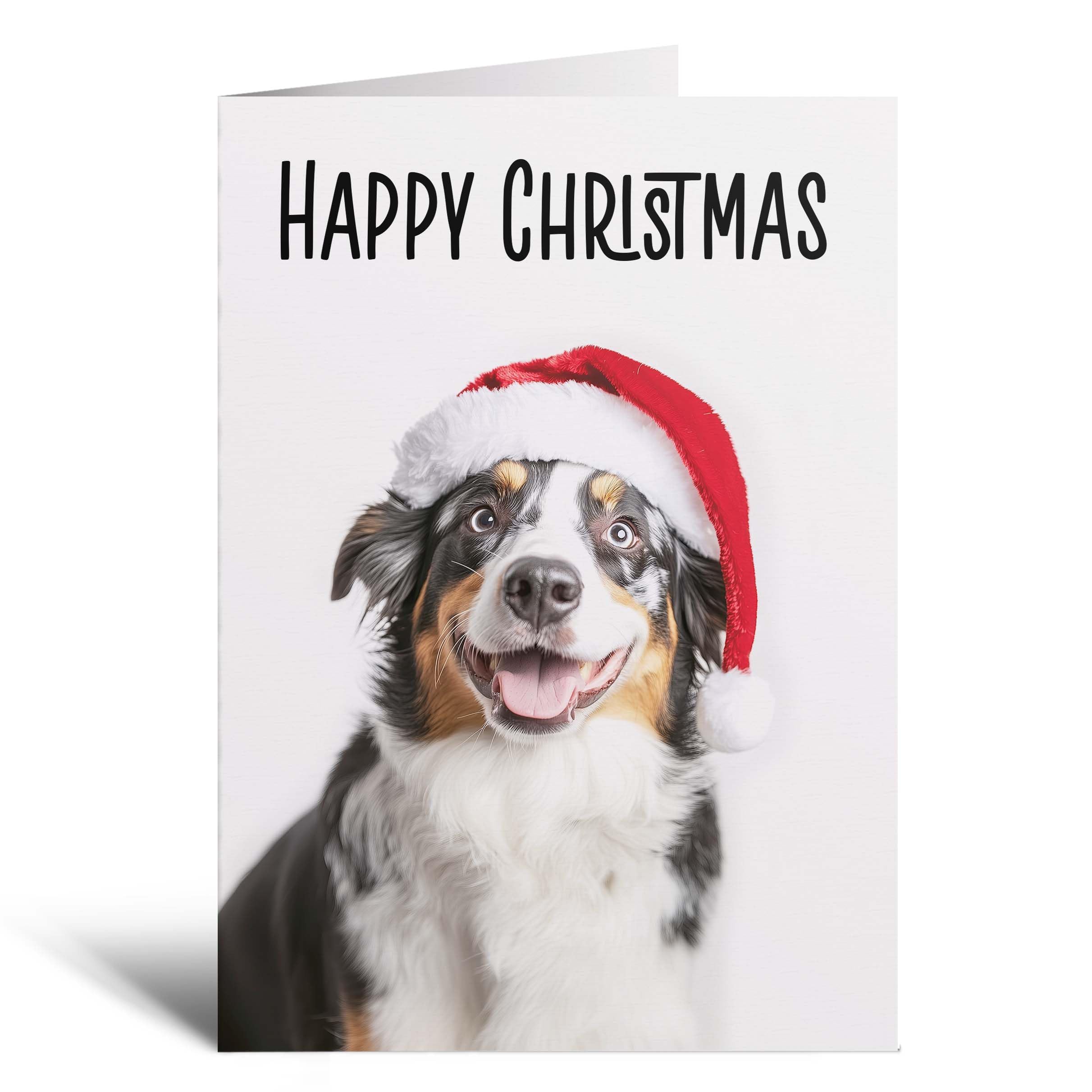 Postcard Prints - Fun Christmas Card of a Australian Shepherd Dog Wearing A Santa Hat Whimsical Christmas Card For Animal Lover For Him or Her - 4 Cards