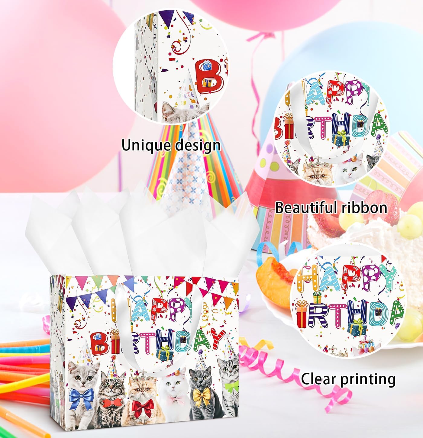MUNILAIL 13 Inch Cat Birthday Gift Bag with Handle, Tissue Paper & Greeting Card, Large Paper Gift Bag for Boys & Girls Birthday Party, Baby Shower, Cat Theme Parties image 3