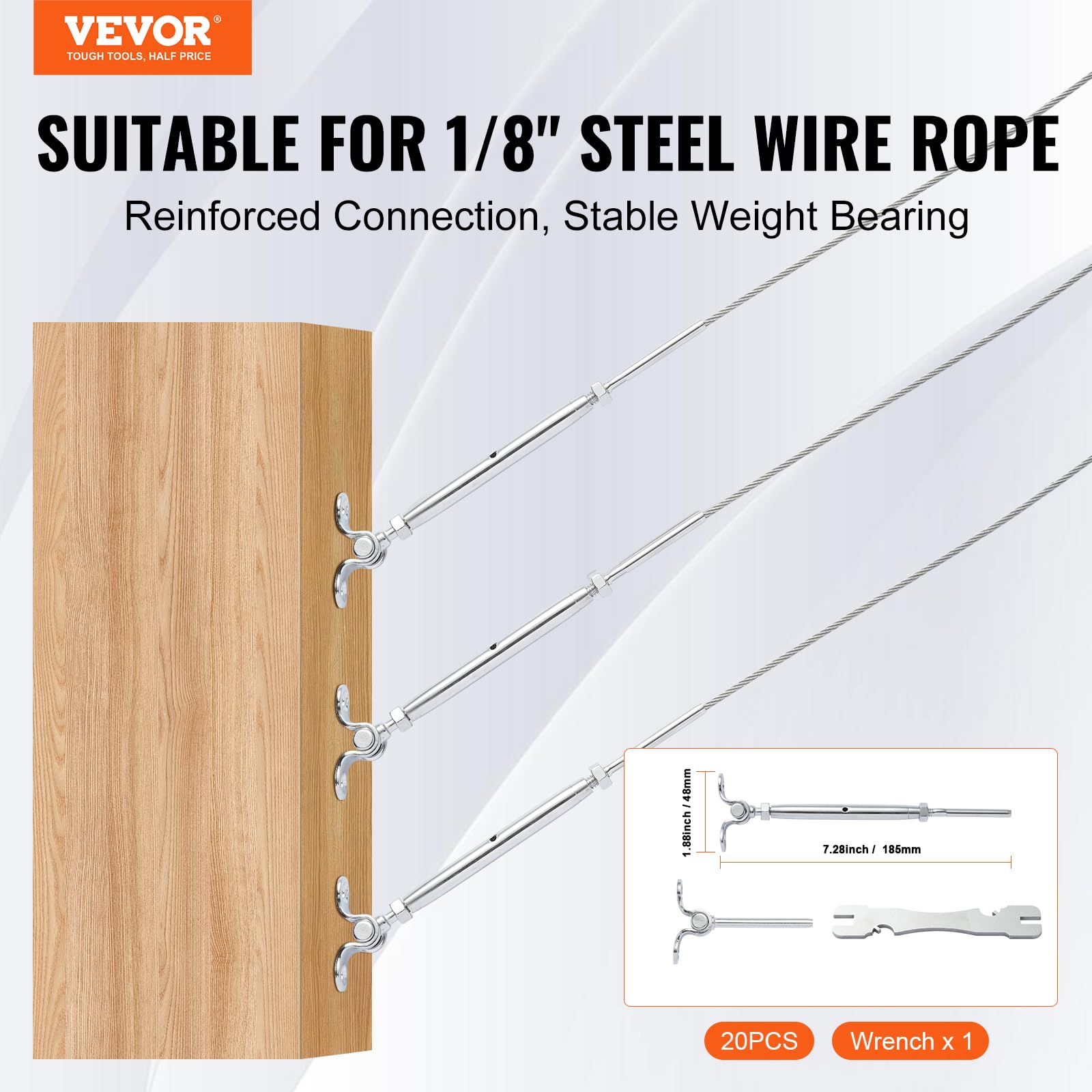 VEVOR Kit ringhiera per Cavi/Hardware per palo in Legno con Angolo Regolabile Acciaio Inossidabile T316, Grado Marino per Fune Metallica da 1/8", Angolo da 0 a 180 Gradi Argento (Confezione da 20)