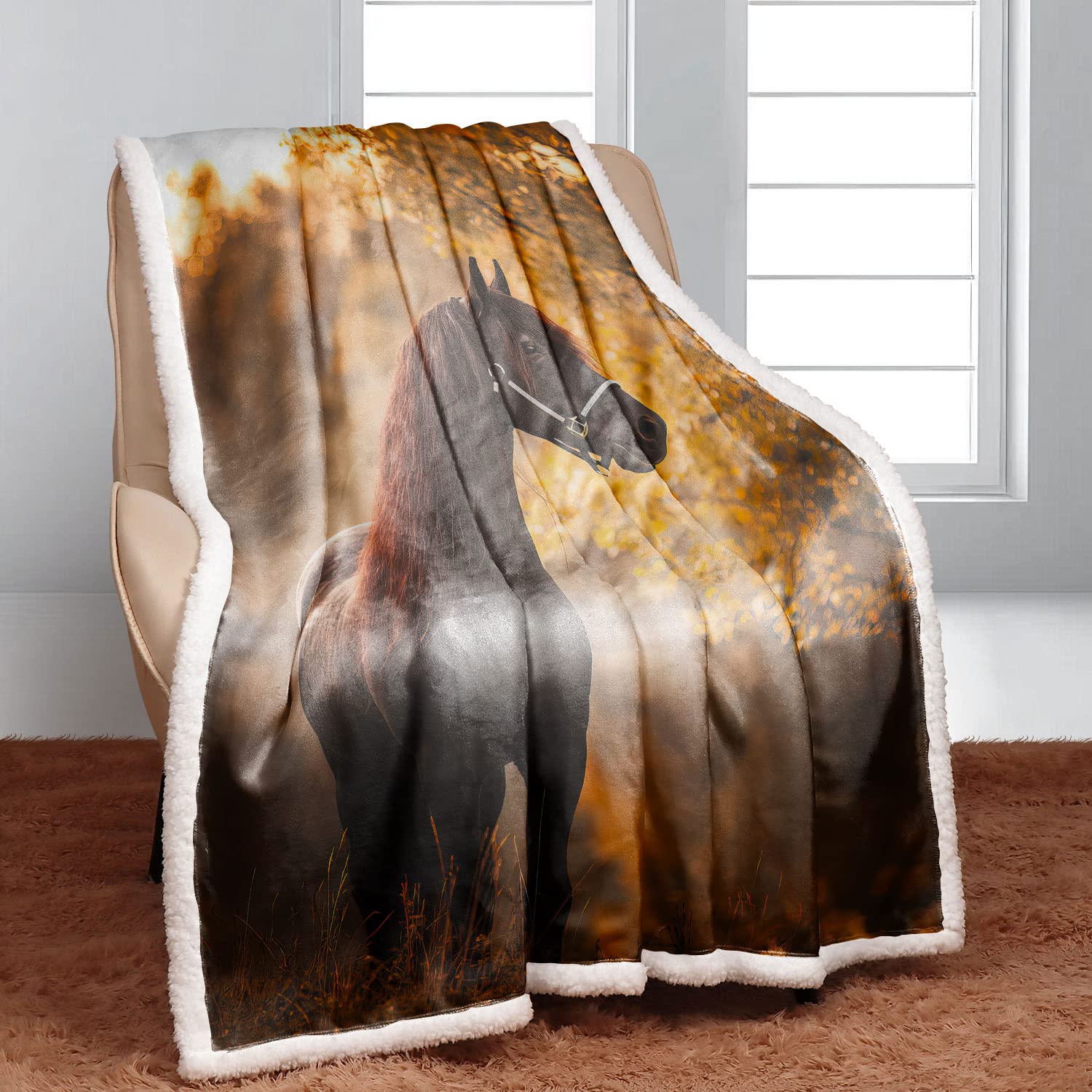 Warm Sherpa narzuta na sofę, 150 x 200 cm, gruba, przytulna, delikatna, flanelowa, miękka, polarowa, narzuta na łóżko, jesienny, leśny, poranny