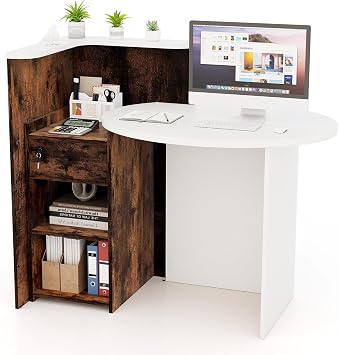 Reception Desk, Small Retail Checkout Counter with Lockable Drawer and Open Shelves, Wooden Front Desk Reception Counter, Oval Desktop & L Counter for Store Office Lobby Salon White & Brown