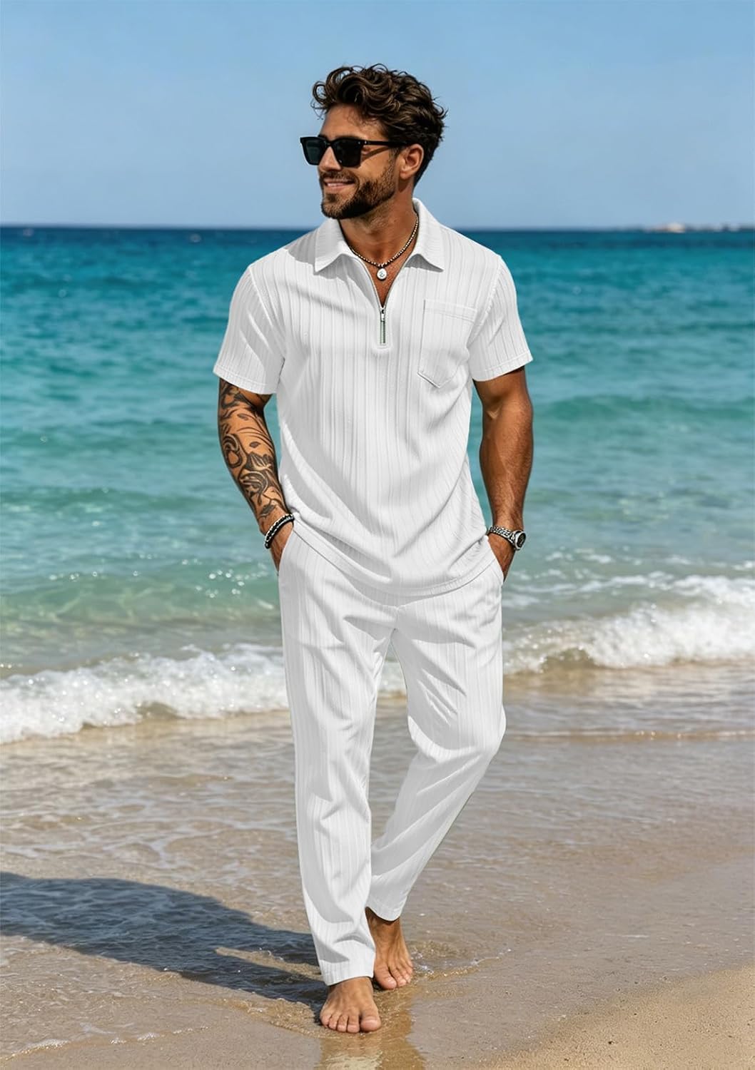 Mens Summer Beach Outfits 2 Piece Casual Quarter Zip Short Sleeve Vertical Stripe Shirt and Loose Pants Set