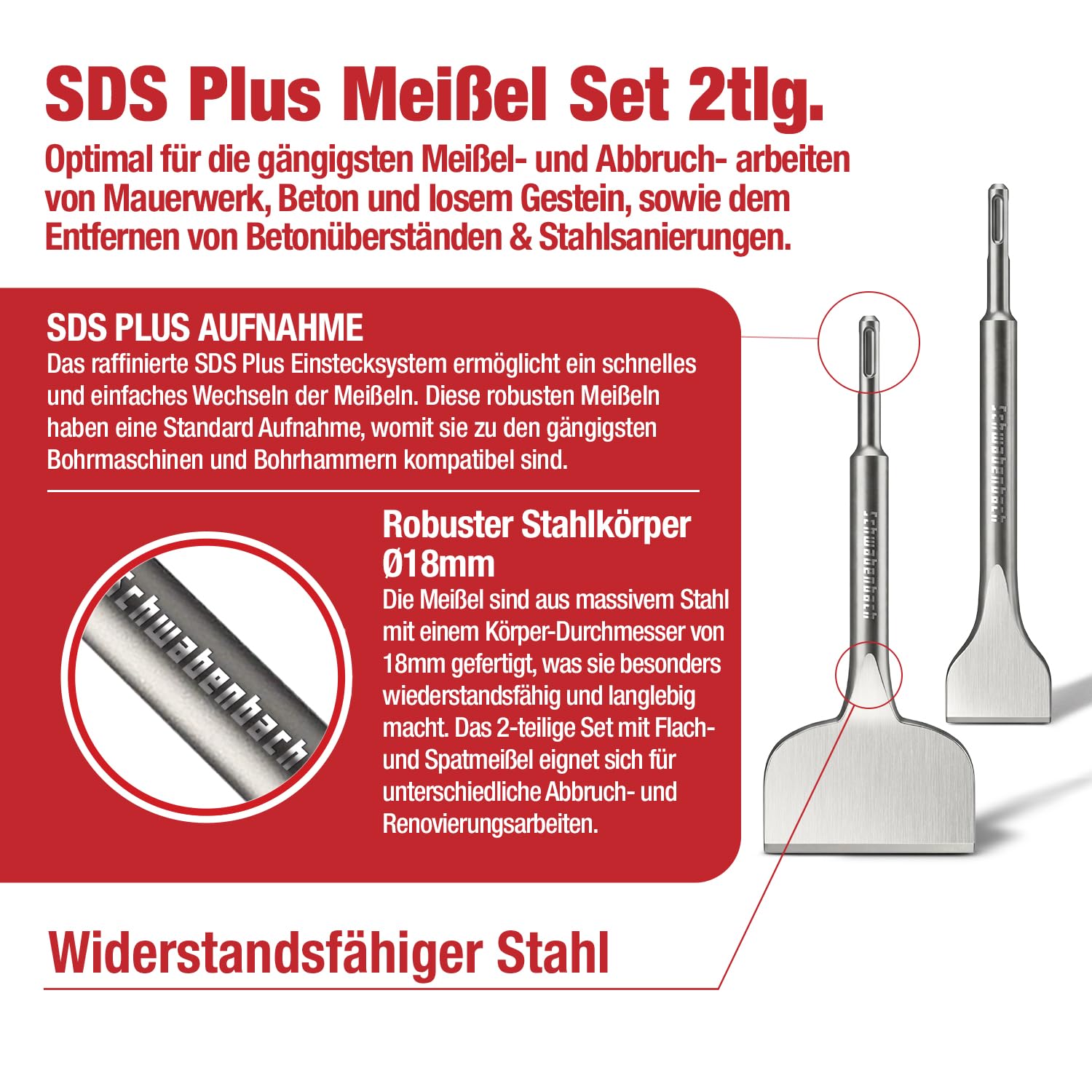 SCHWABENBACH® Ciseau à carrelage Sds Plus - 2 pièces - 250 mm de long | Ciseau plat Sds Plus 50 mm + burin spatule extra large 100 mm – Set de burins Sds Plus