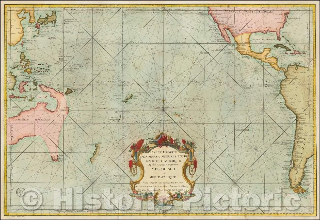 Historic Map - Carte Reduite Des Mers Comprises Entre L'Asie et L'Amerique Apelees par les Navigateurs Mer Du Sud ou Pacifique, 1776, Depot de la Marine v2 44in x 30in