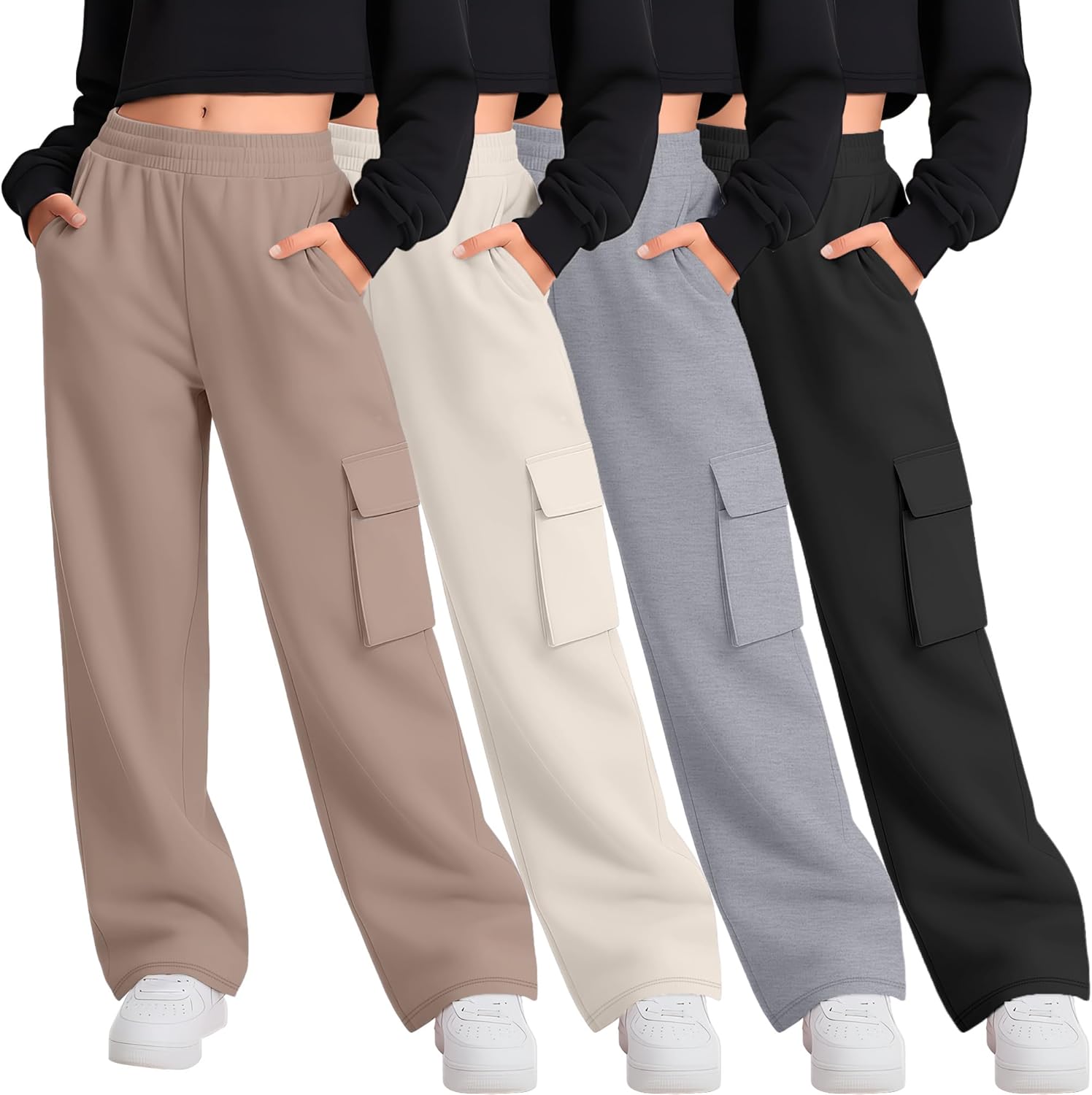 LessonZoo 4 Pack Girl's Wide Leg Sweatpants with Cargo Pockets Baggy Elastic High Waist Pants Kids Casual Athletic 5-14Y