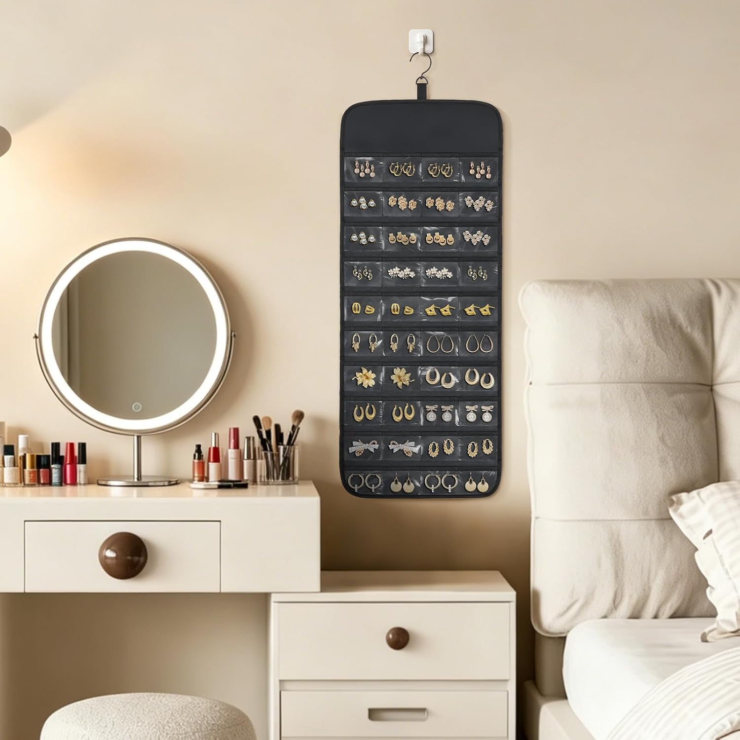 FOREGOER Hanging Jewelry Organizer Roll with 80 Pockets Earring Holding