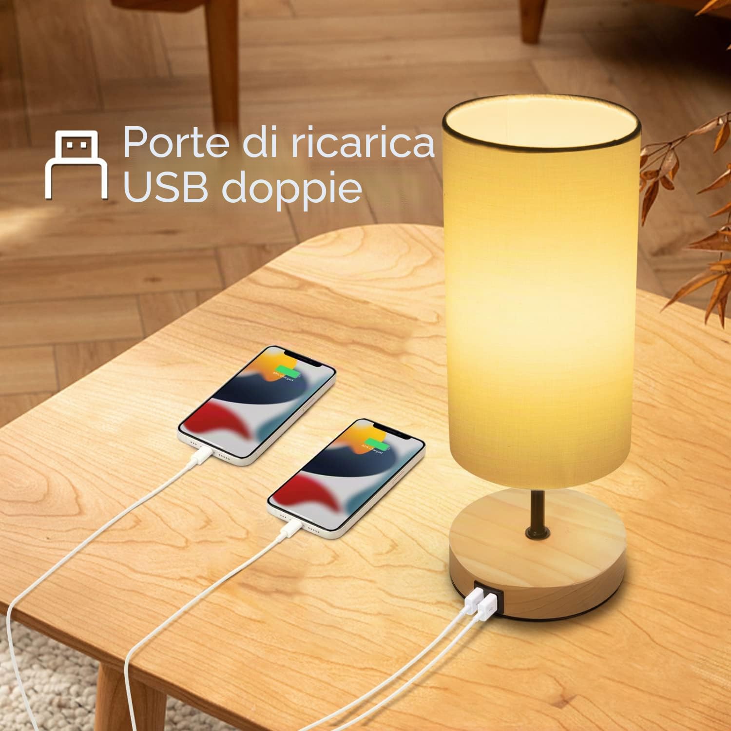 Aigostar Lampada da Comodino con 2 Porte di Ricarica USB, Lampada da Tavolo E27 con Interruttore a Tirare, Base in Legno, Lampada da Scrivania per Soggiorno, Camera da letto, Ufficio - Bianca
