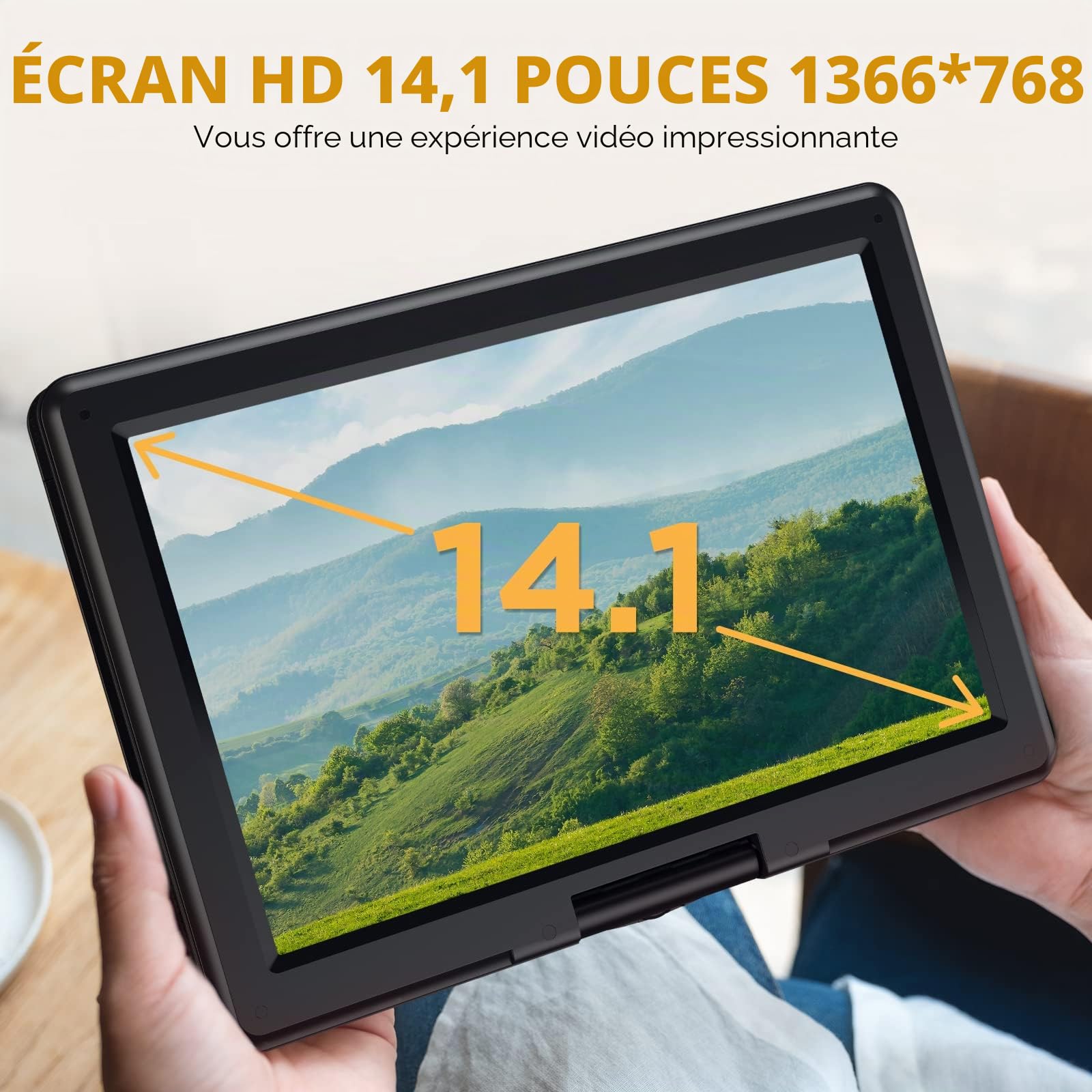 DBPOWER Lecteur DVD portable 16,9'' écran HD pivotant 14,1'' batterie rechargeable 6h 5000 mAh haut-parleur haut volume