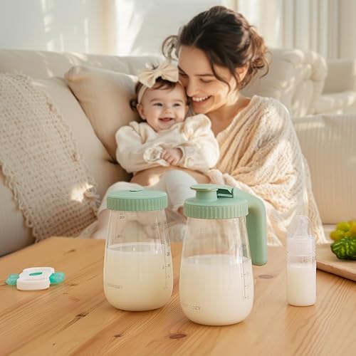 Miniatura 6 de Momcozy Jarra de vidrio para leche materna, recipiente de almacenamiento de leche con tapa plana y tapa con asa, boca ancha resistente a fugas,
