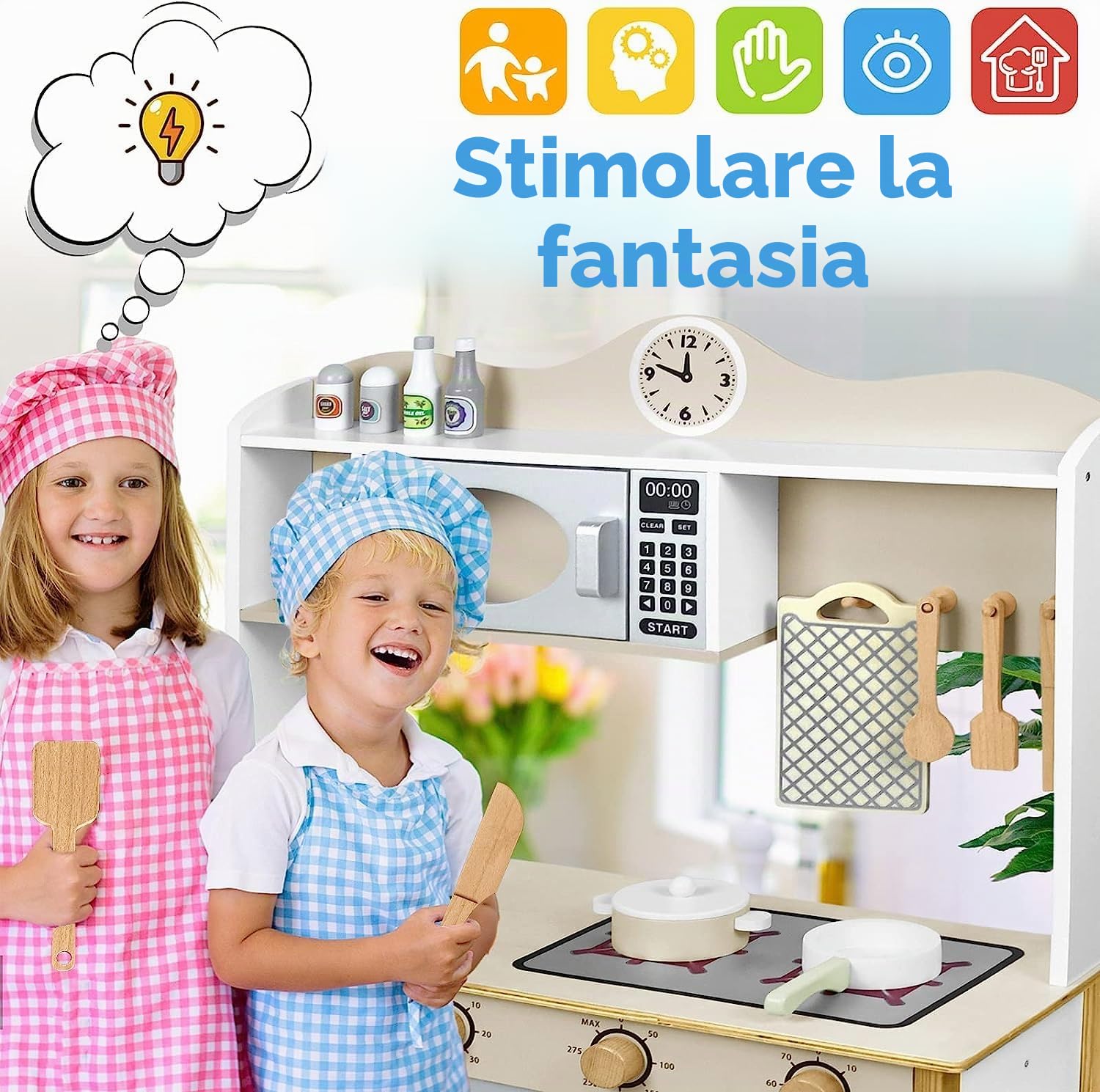 HENGMEI Set di giocattoli da cucina per bambini, in legno, con accessori in legno, per microonde, lavandino, set da cucina per bambini, 65 x 24 x 85 cm, tipo A