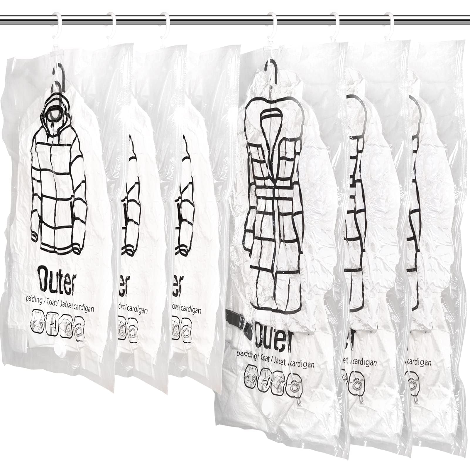 Pack of 6 Hanging Vacuum Bags for Clothes, Extra Thick PA+PE Material, Double Zip Seal, 360° Hook - Space Saving