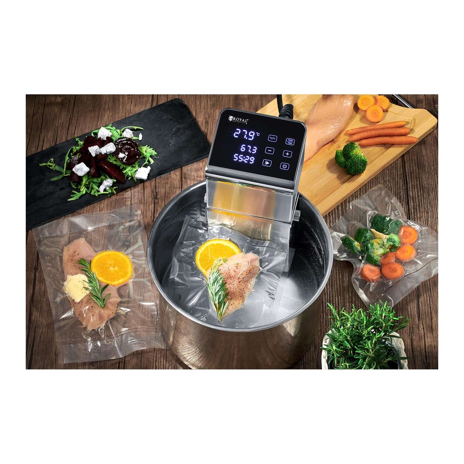 Royal Catering Thermoplongeur Cuisine Cuiseur Cuisson Sous Vide Basse Température Professionnel Électrique Réglable Plongeur RCVG-43 (2 300 W, 5-99 °C, 5 min - 99 h, Écran LCD, Pour Max. 80 l)