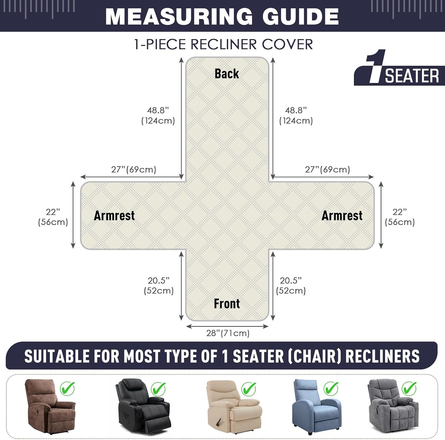 TAOCOCO Waterproof Recliner Chair Cover for Large Recliner, Oversized Recliner Covers for Recliner Chair with Pocket, Recliner Slipcover Furniture Protector for Kid Pets(28'', Navy Blue) Navy Blue 28''