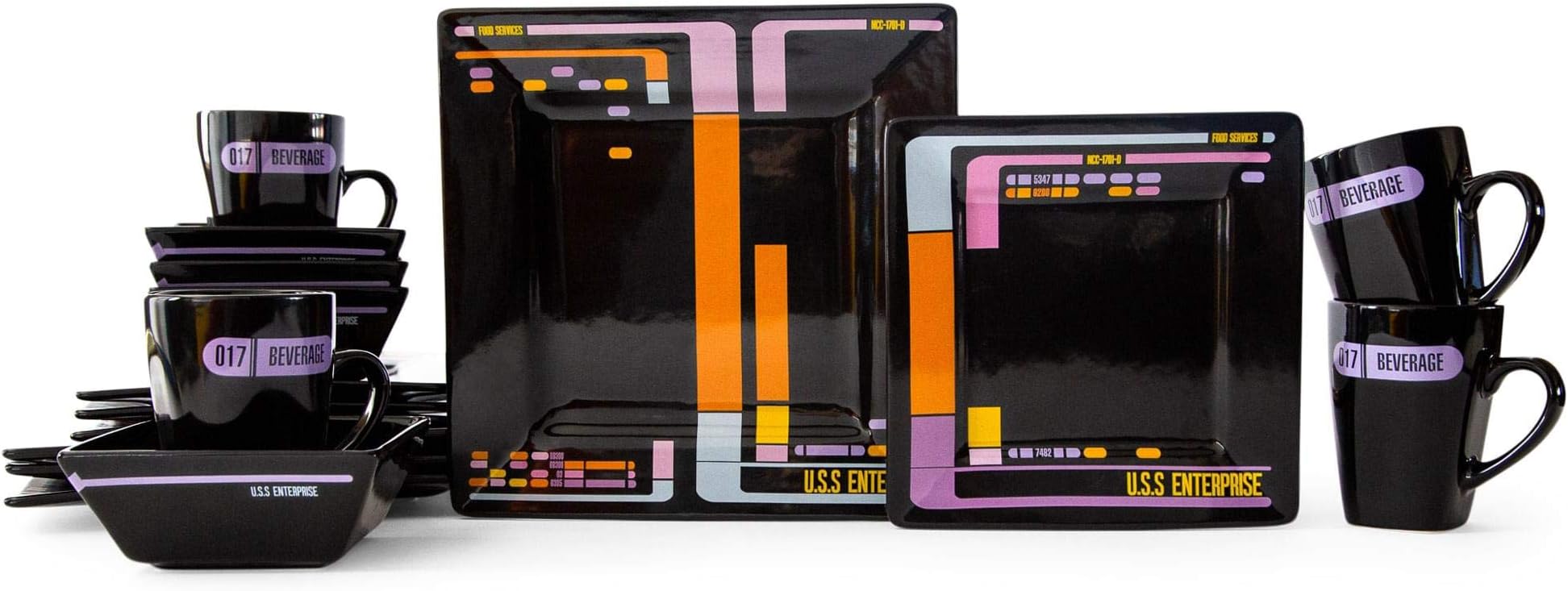 Star Trek: The Next Generation LCARS Interface 16-Piece Ceramic Dinnerware Set | Collectible Kitchen Dish Set | Includes Dinner Plates, Salad Plates, Bowls, Mugs | Place Setting For 4