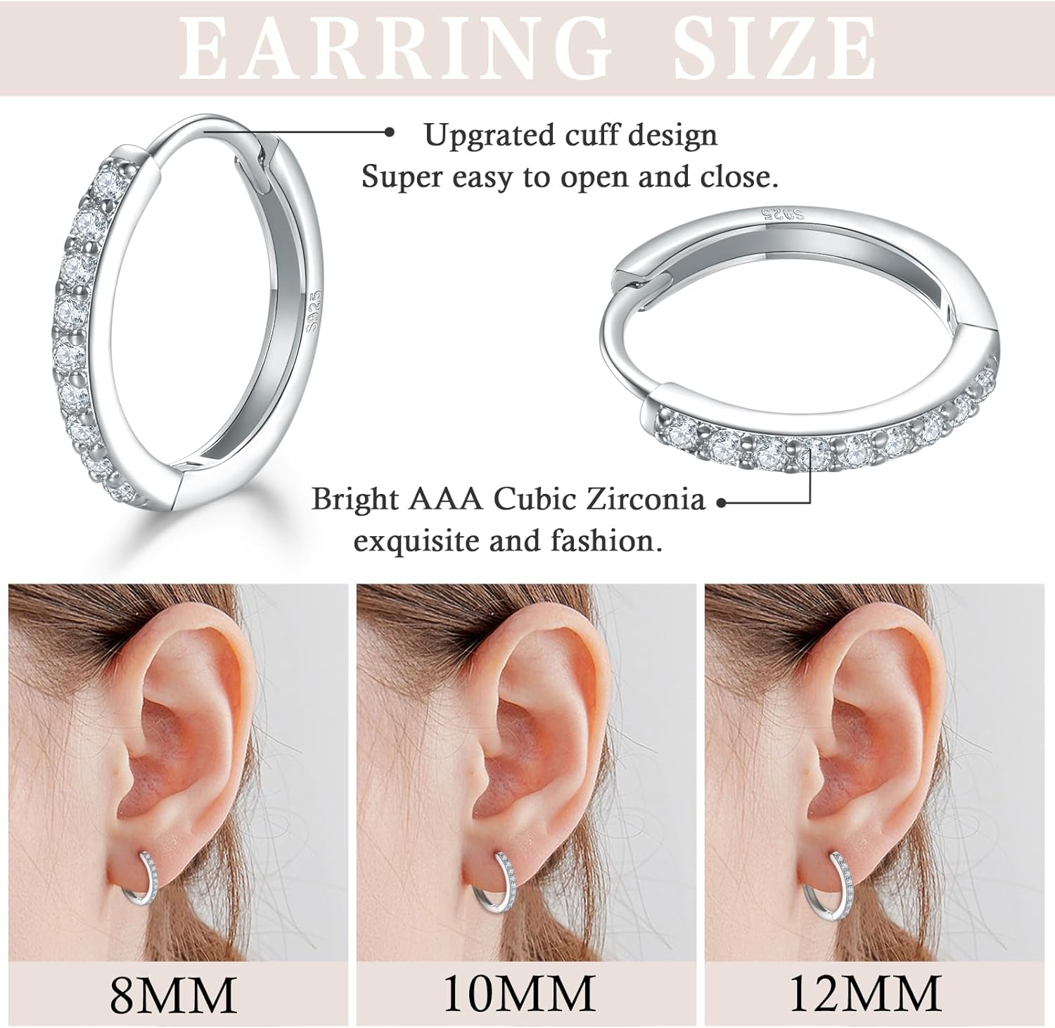 3 Pairs Sterling Silver Small Hoop Earrings Cubic Zirconia Cuff Earrings | Tiny Cartilage Huggie Hoop Earrings Piercing Jewellery for Women - Image 2
