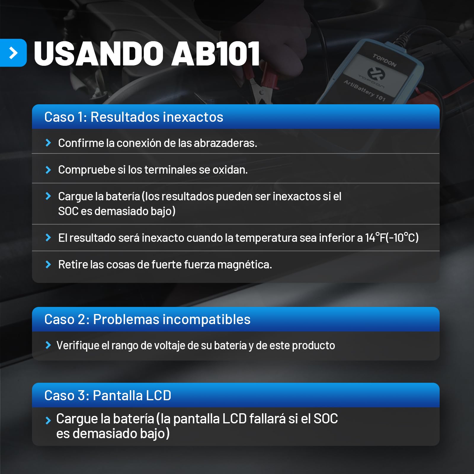 TOPDON ArtiBattery AB101 Comprobador de batería de Coche de 12 V 100 – 2000 CCA. Medidor de batería de Coche para Pruebas de Arranque y Carga, Analizador Digital para Celda húmeda/AGM/Gel/EFB