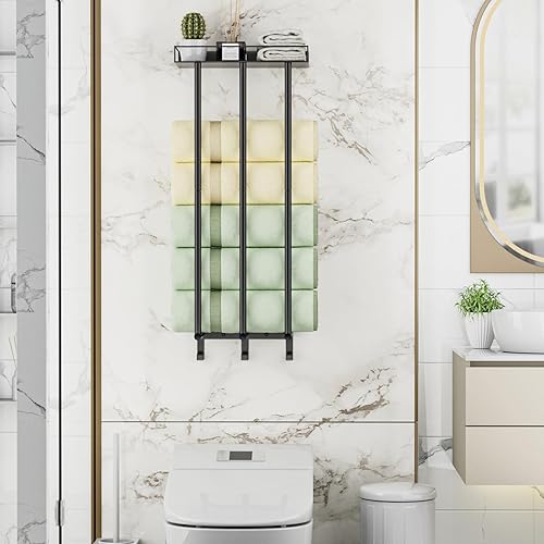 Miniatura 5 de Ovicar Toalleros para baño Almacenamiento de toallas enrolladas montadas en la pared con estante de metal y 3 ganchos, soporte de toalla de pared