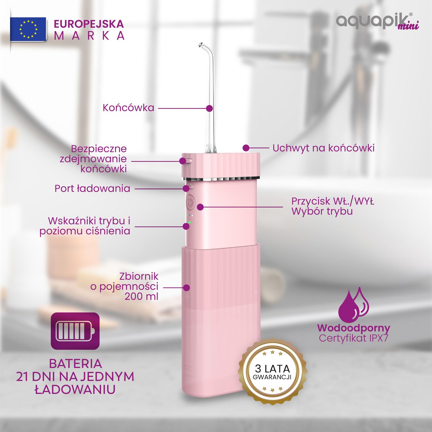 Przenośny irygator dentystyczny 200 ml | Akumulator USB typu C | 3 tryby ciśnienia | Głębokie czyszczenie | Wrażliwe dziąsła, ortodoncja i implanty dentystyczne | Aquapik Mini