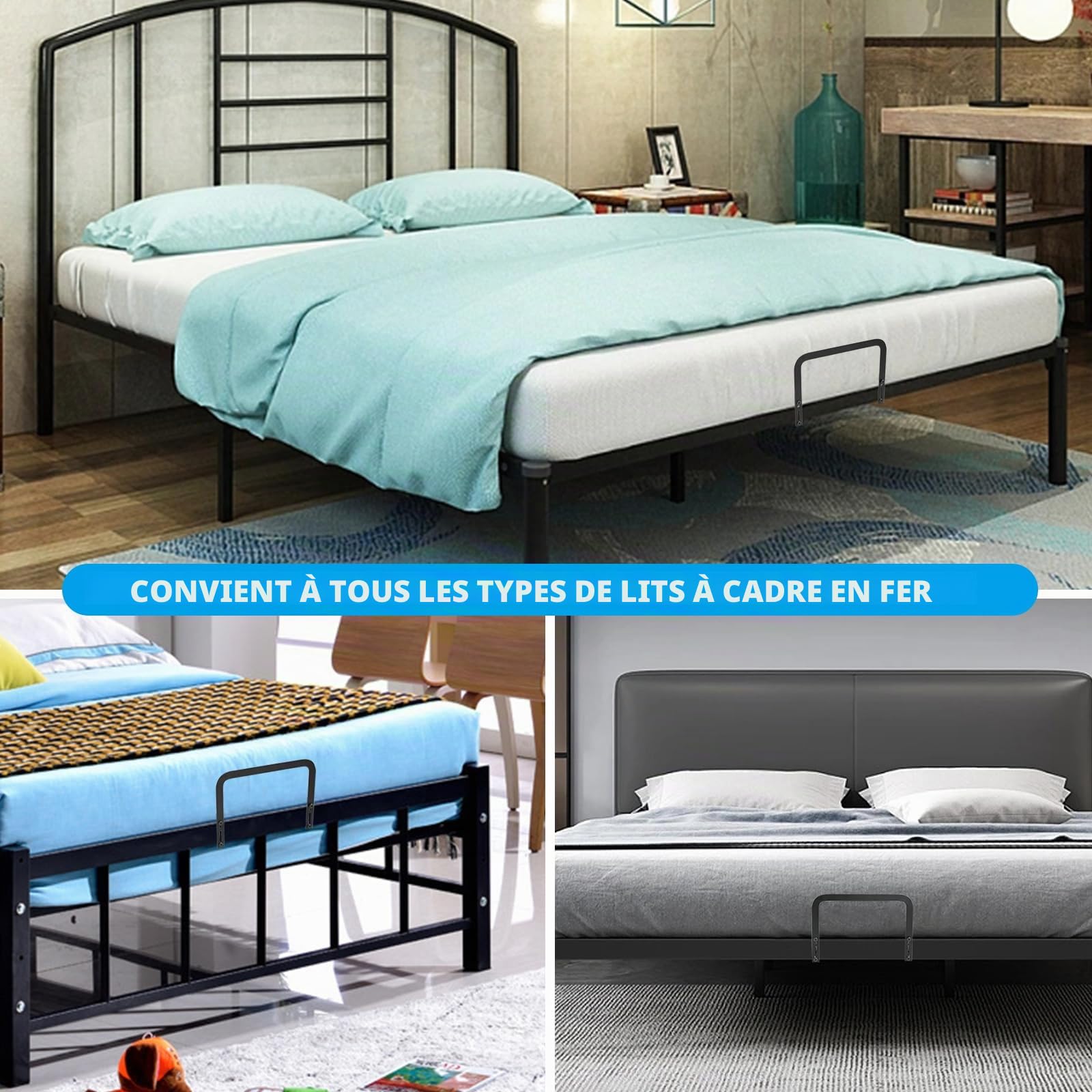 Lot de 2/4 supports de matelas, arrêts de matelas antidérapants, pour empêcher la barre d'appui de matelas, facile à installer pour cadre de lit (2, noir)