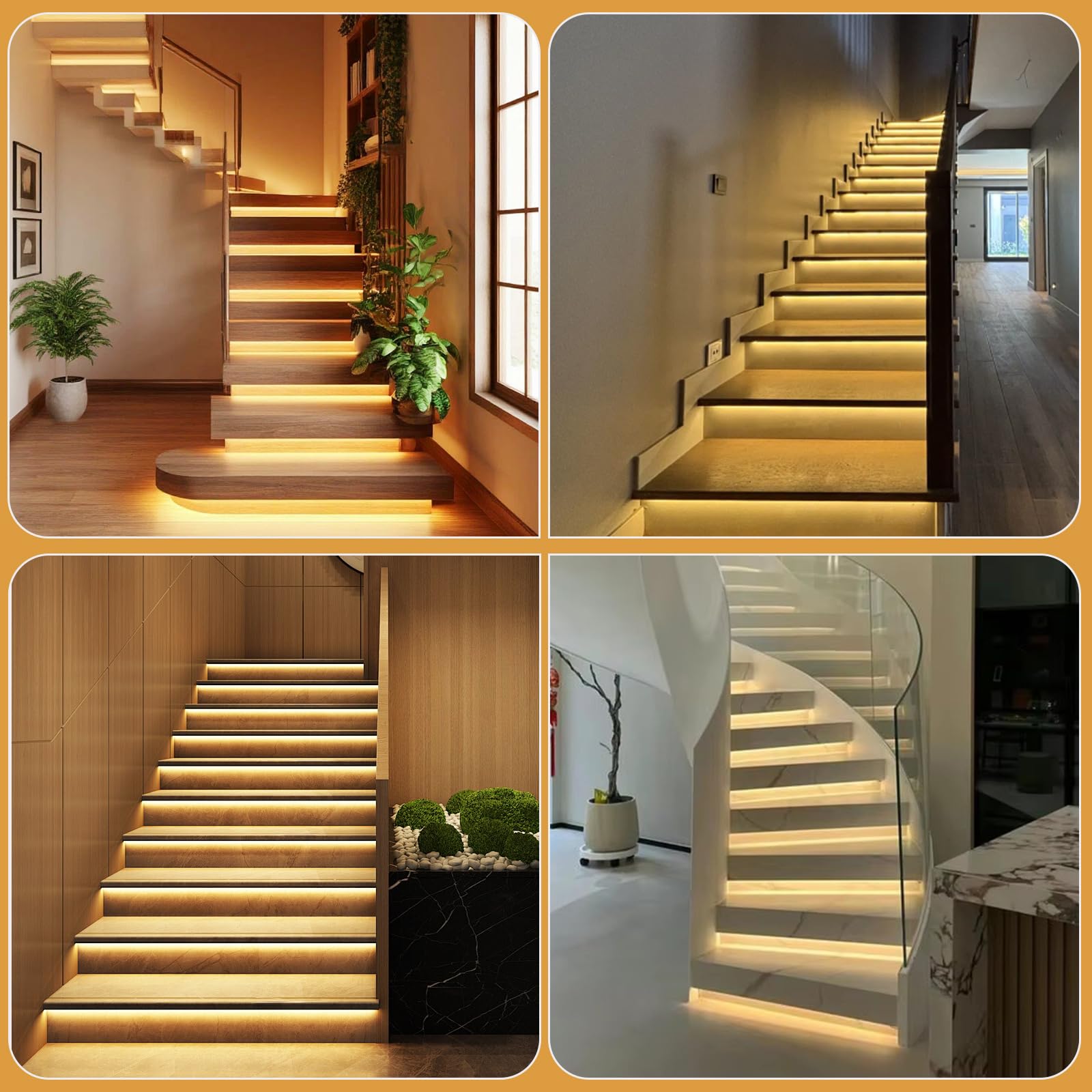 LED-Treppenstufenbeleuchtung mit Bewegungsmelder & Tageslichtsensor,100cm Zuschneidbarer LED-Lichtstreifen für Innentreppen16 Stufen Treppenlicht
