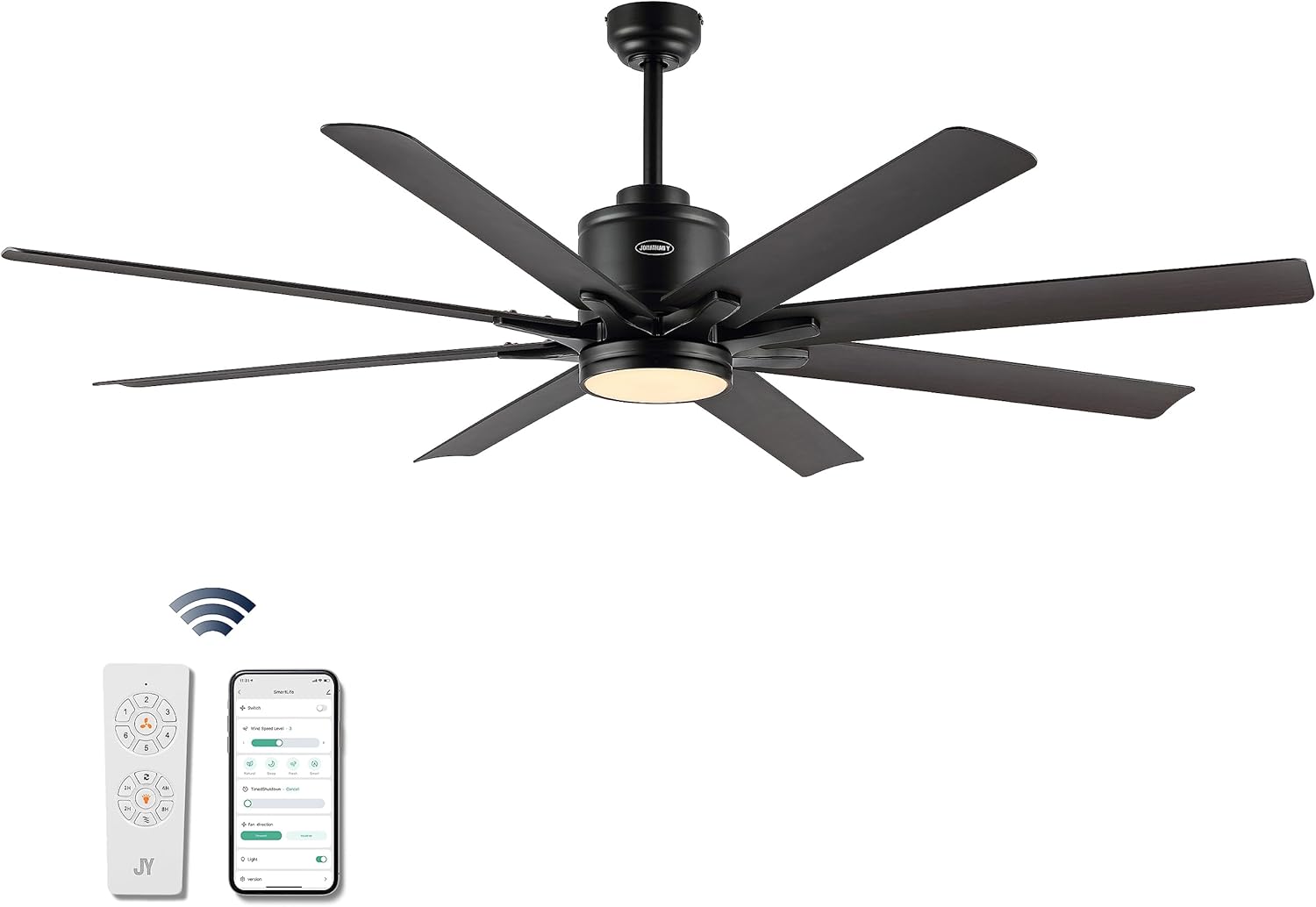 JONATHAN Y 66" Black/Dark Brown Wood Finish Modern Industrial Ceiling Fan with LED Light, 6-Speed Smart Fan with App and Remote Control, White Acrylic Shade, Large Slope-Compatible Fan (JYL9713A)