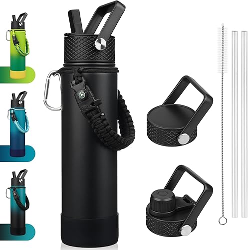 Miniatura 51 de BJPKPK Botella de agua aislada con tapa con popote, frascos térmicos de 22 onzas con 3 tapas, mango de paracord y bota antideslizante, vasos de