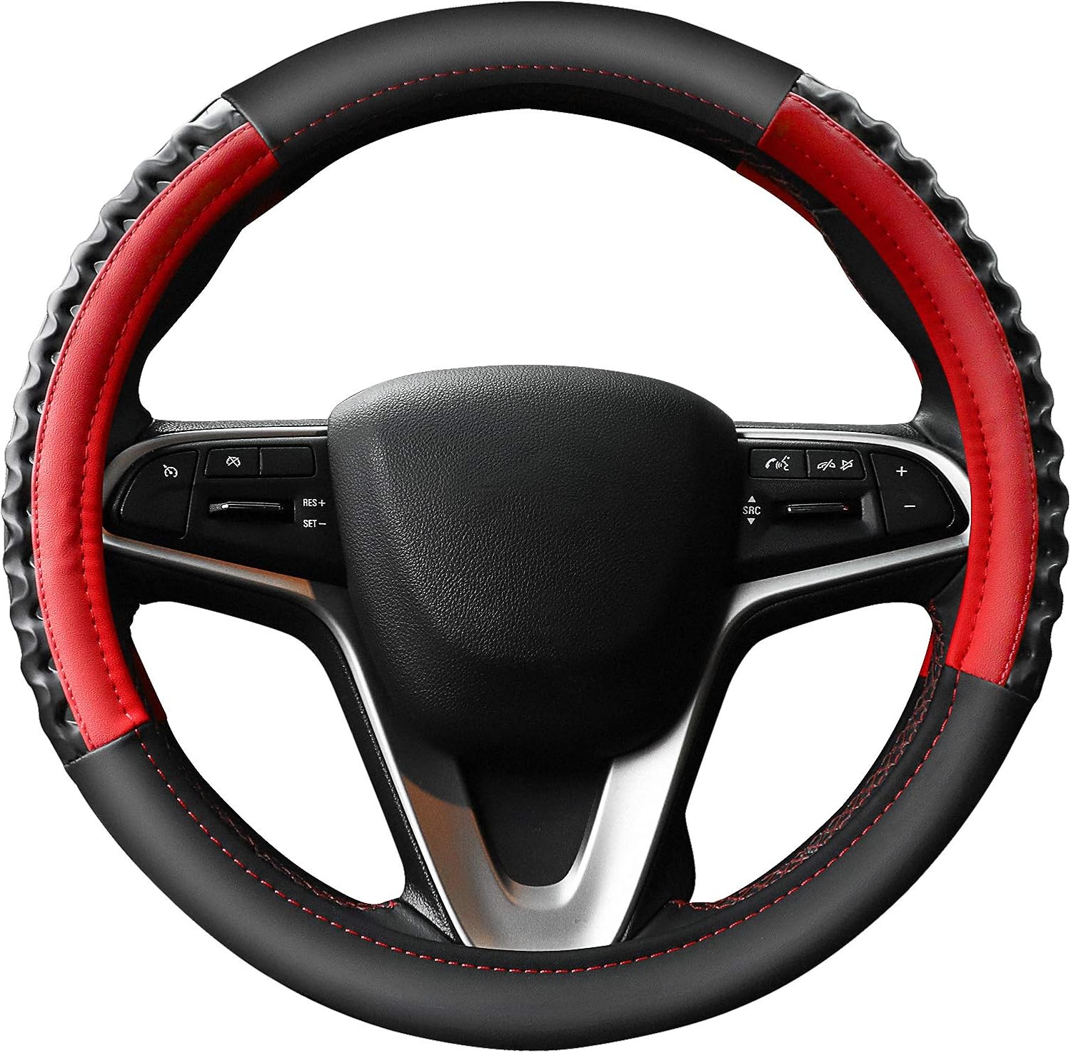 HOUSE DAY Leather Car Steering Wheel Cover TPR Odorless, Heat Resistant, Anti-Slip, Warm in Winter and Cool in Summer, Universal 14.5 to 15 Inch - Black and Red