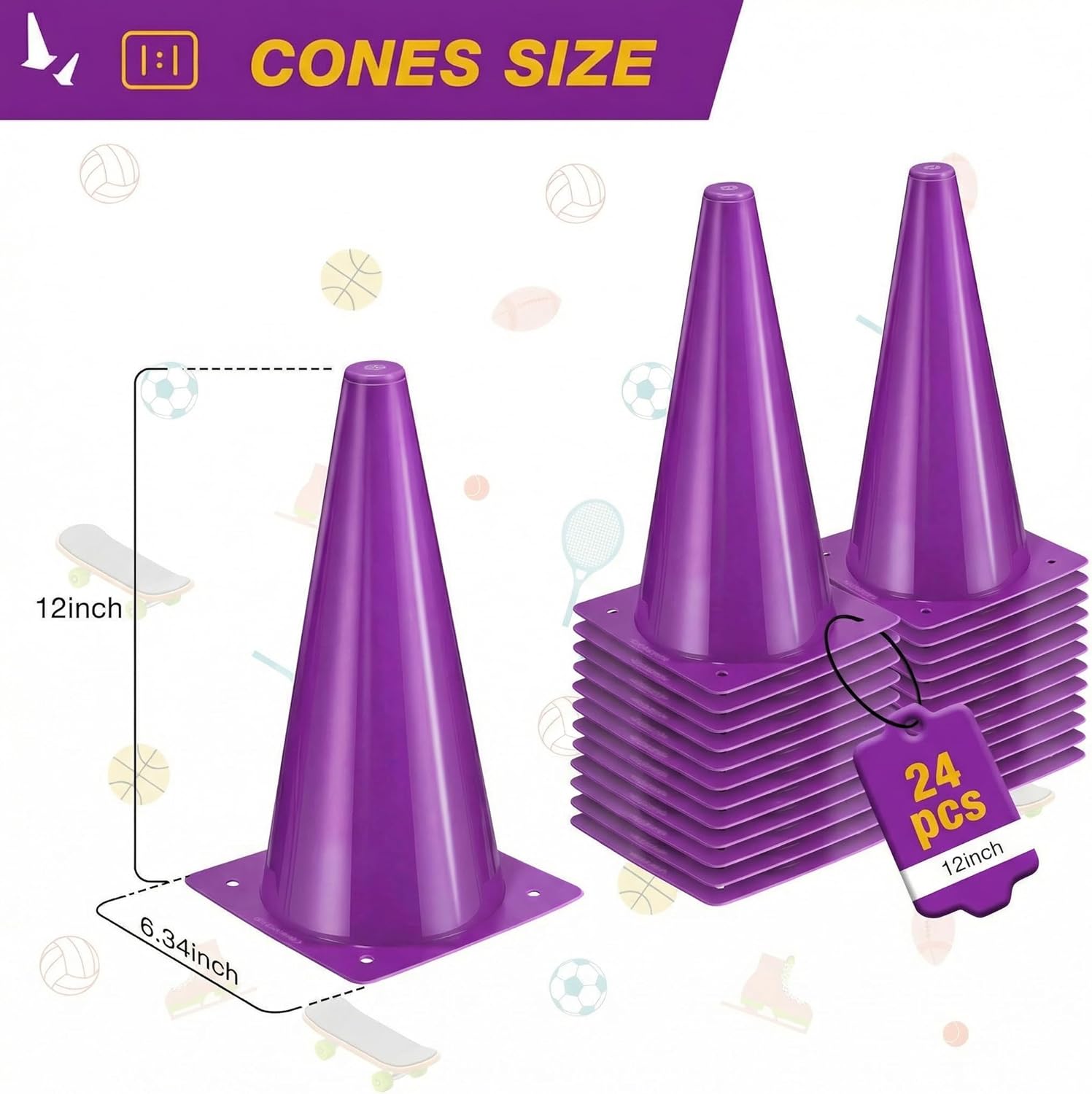 12 Inch Durable Cones,24pcs Versatile Plastic Traffic Cones and Soccer Cones for Sports Training,Agility Drills,Parking Safety,Basketball Training,Football Training.