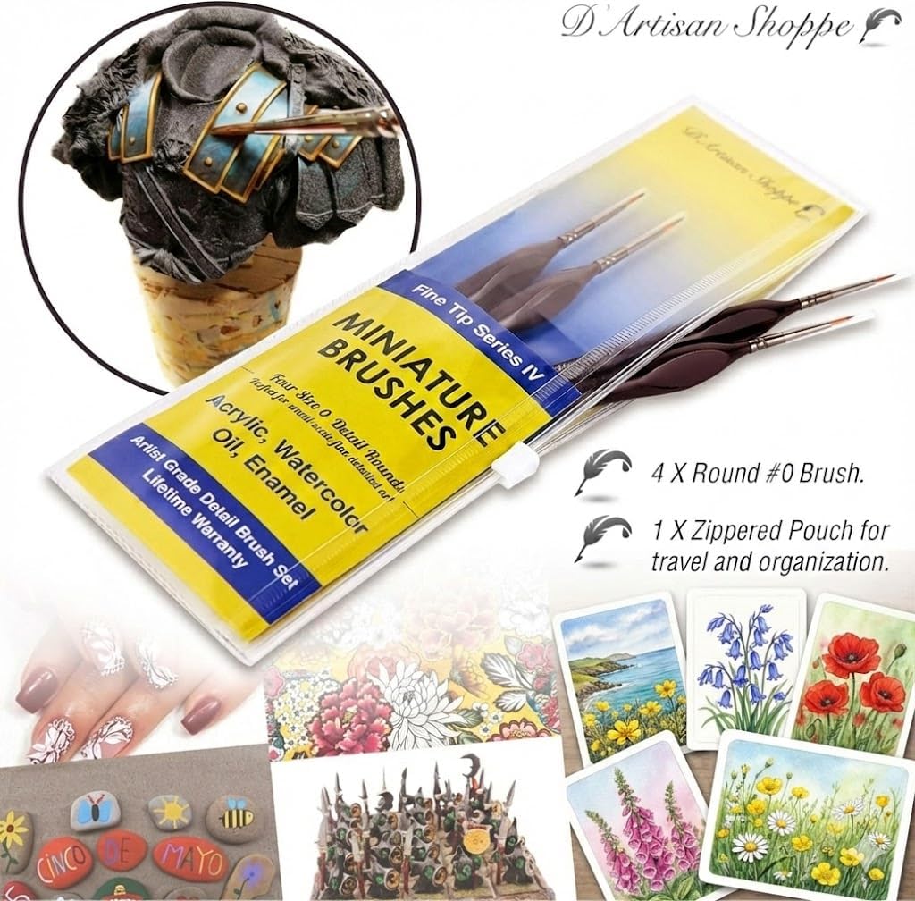 Professional Detail Paint Brushes Set - Size 1 Round Fine Tip Miniature Brushes for Adult Tabletop Gaming, Model Making, Precision Art & Hobby Painting