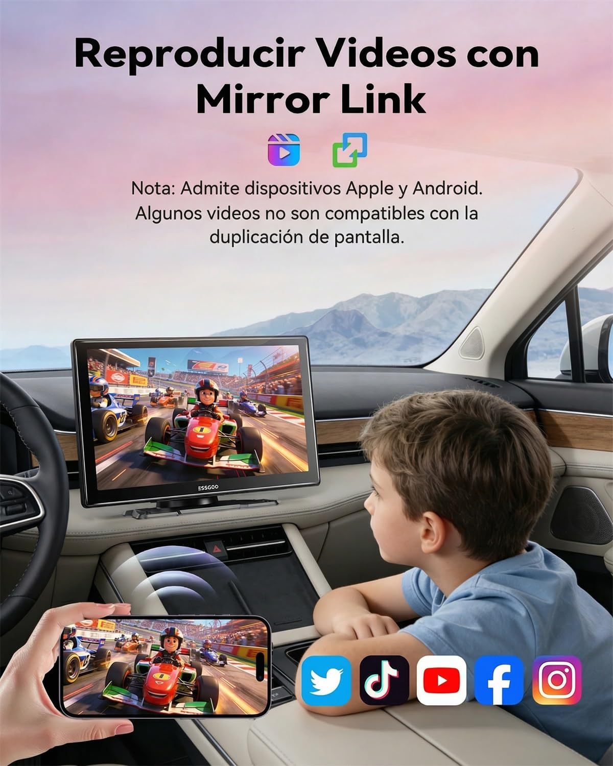 ESSGOO Pantalla Carplay Coche con Cámara Retrovisora,9 Pulgadas Apple Car Play Android Auto Inalámbrico,Pantalla Táctil Portátil Radio Coche con Bluetooth,Airplay,Mirror Link,FM,AUX,Siri,Navegación