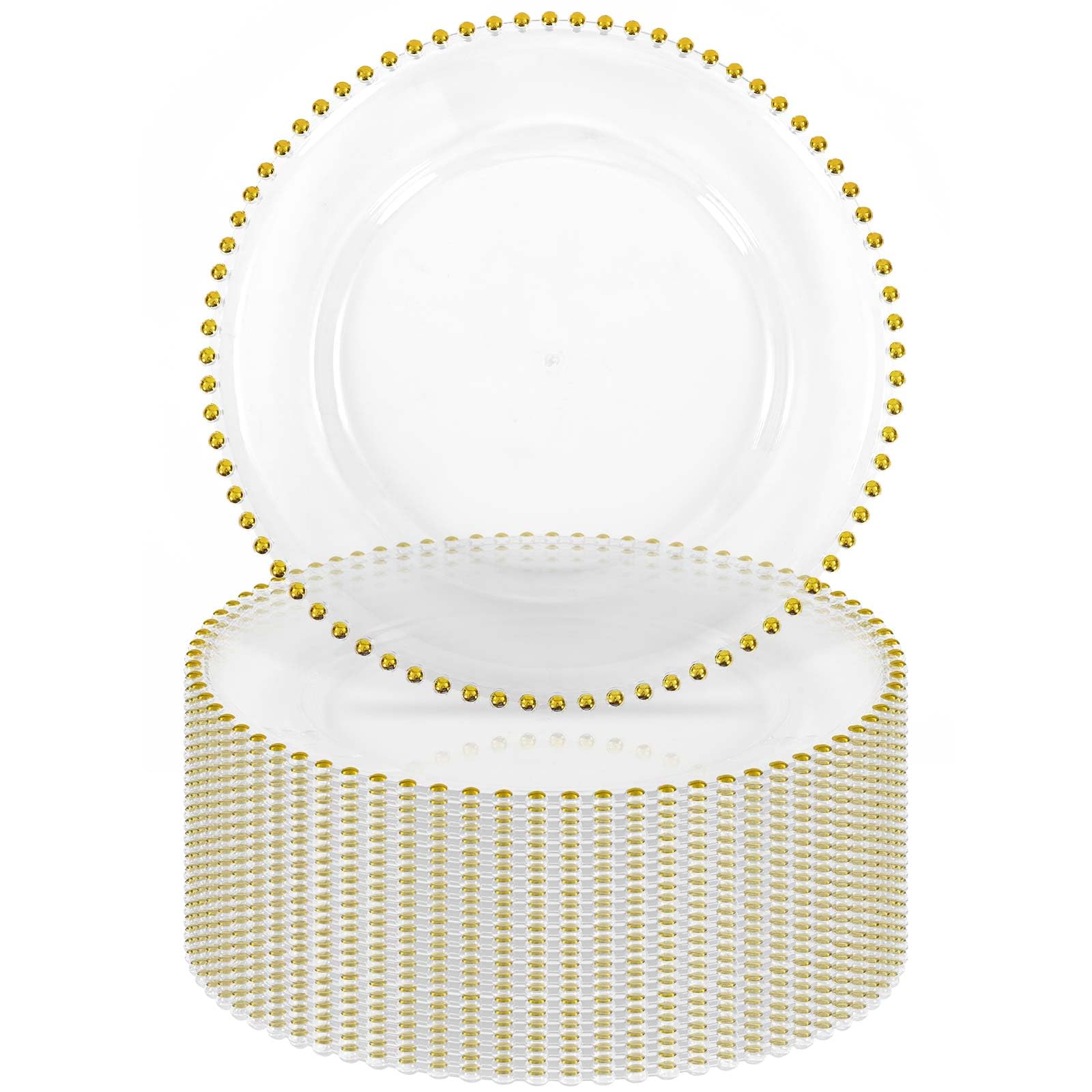 24 Pack Clear Acrylic Round Charger Plates With Gold Beaded Rim, 13 Inch Plate Chargers for Dinner, Plastic Decorative Plates for Table Setting, Table Chargers for Wedding, Party, Event (Gold)