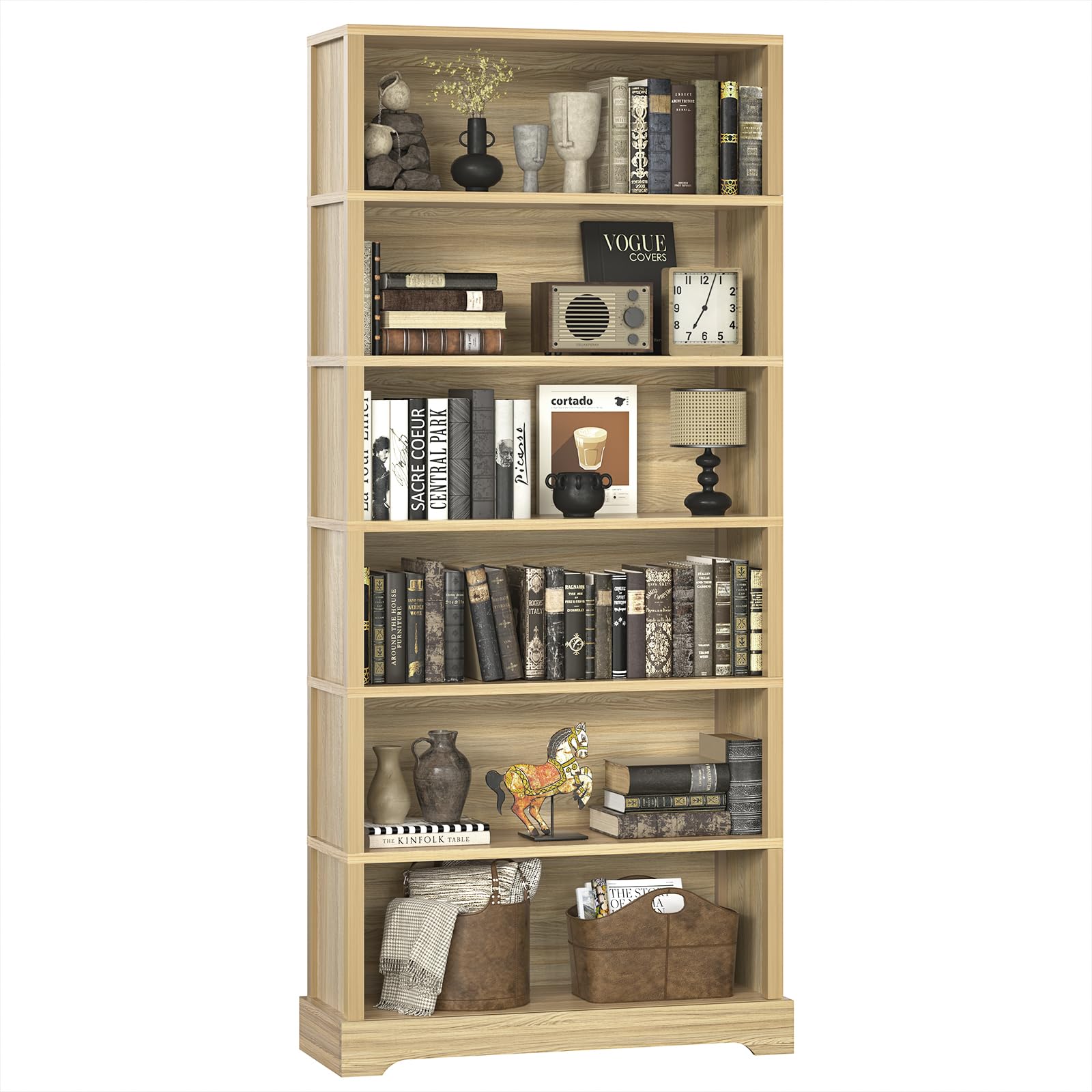 TVU 6-Tier Wooden Bookshelf, 77.2" Tall Farmhouse Style Open Bookcase, 31.5" W Standing Book Shelf with Storage, Suitable for Study, Living Room, Office, Natural Wood Color