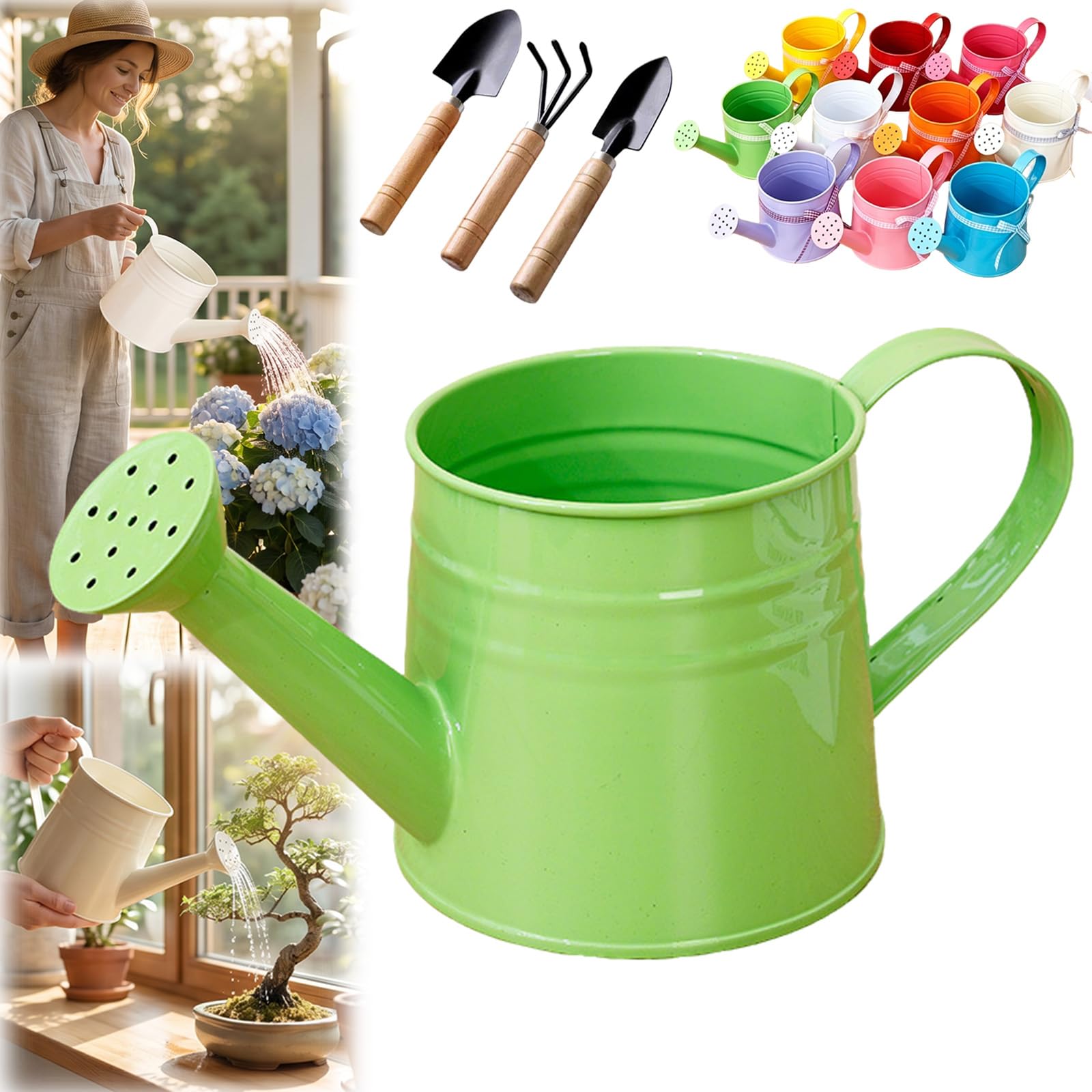 White Watering Can Metal, 1L Vintage Galvanized Sprinkler Can, Rustproof & Leak-Resistant, Ideal for Indoor & Outdoor Plants, Lawn, Garden – Durable Gardening Tool for Home & Office (Green)