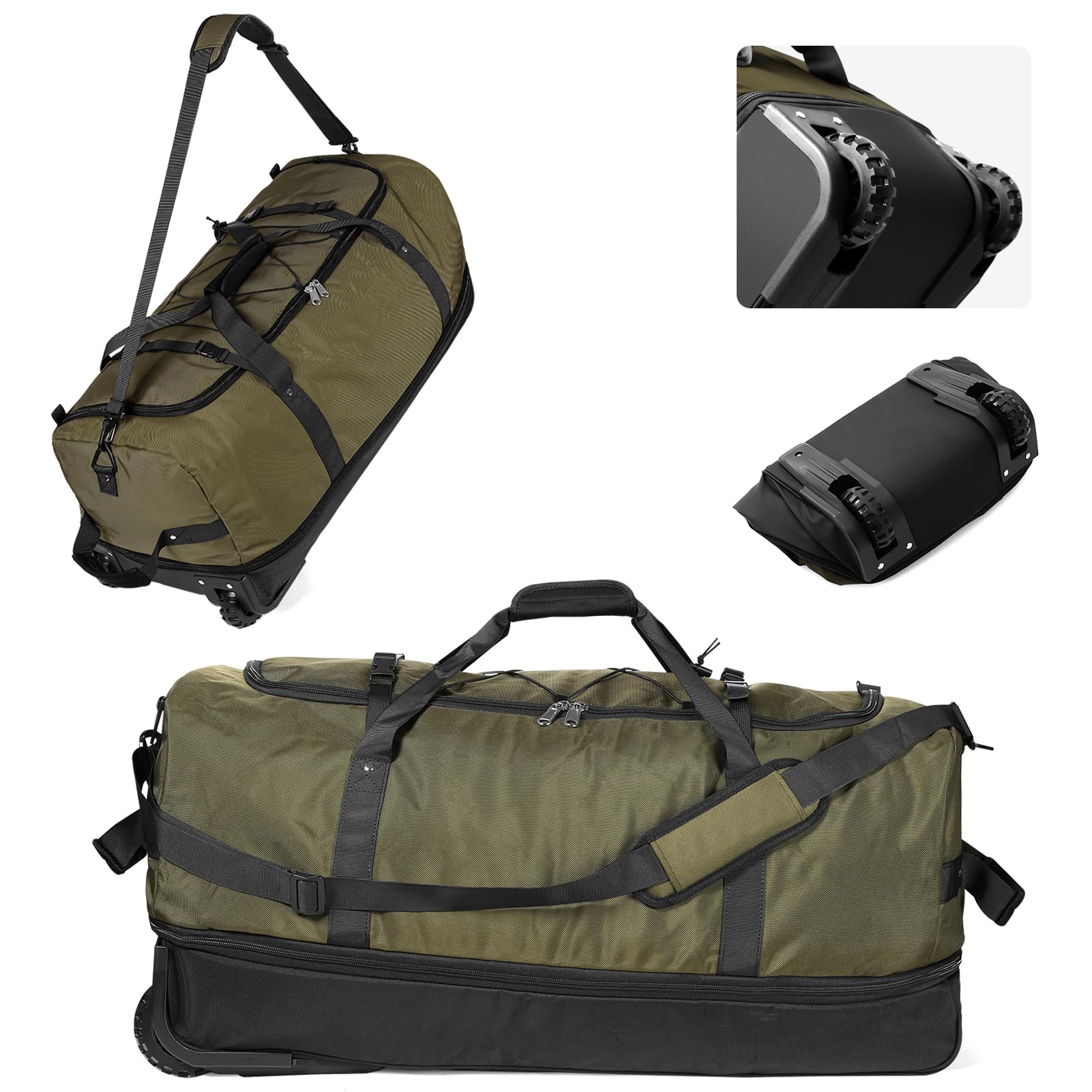 CONTAIL 32" Soft-Sided Rolling Duffle Bag with 2 Wheels,Expandable from 110L to 140L, Foldable Travel Duffel with Multiple Compartments,Army Green