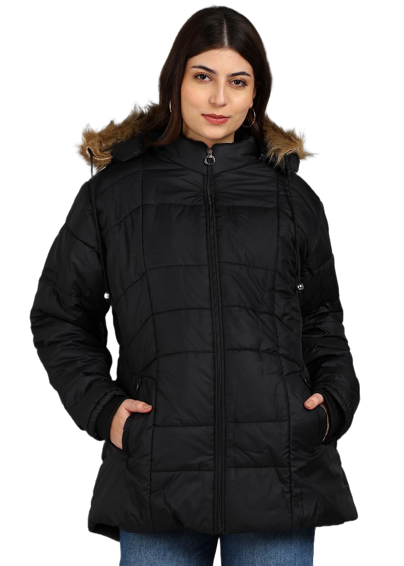 Women's Winter Jacket with Detachable Hood, Nylon Fabric, Inner Jacket, Multiple Pockets, Ideal for -5°C to 10°C