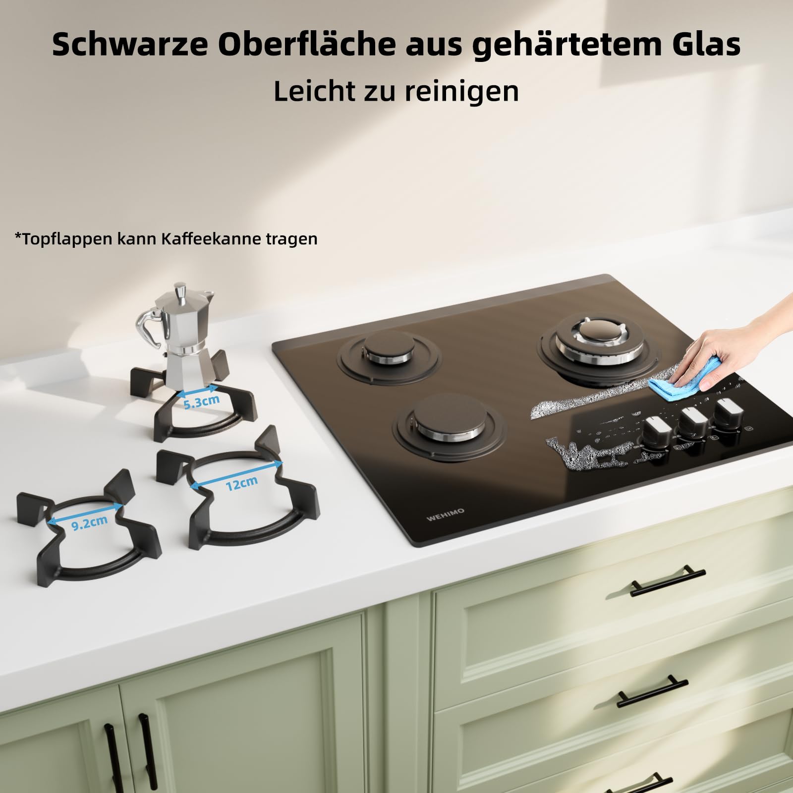 WEHIMO Gaskochfeld 3 Flammig 59cm, Glas Einbau-Gaskochfeld, 7750W, 3 Zonen Gaskochfeld für Propangas und Erdgas, 3 Kochzonen (3300W+2700W+1750W), Schwarzes Glas, Geeignet für Alle Töpfe