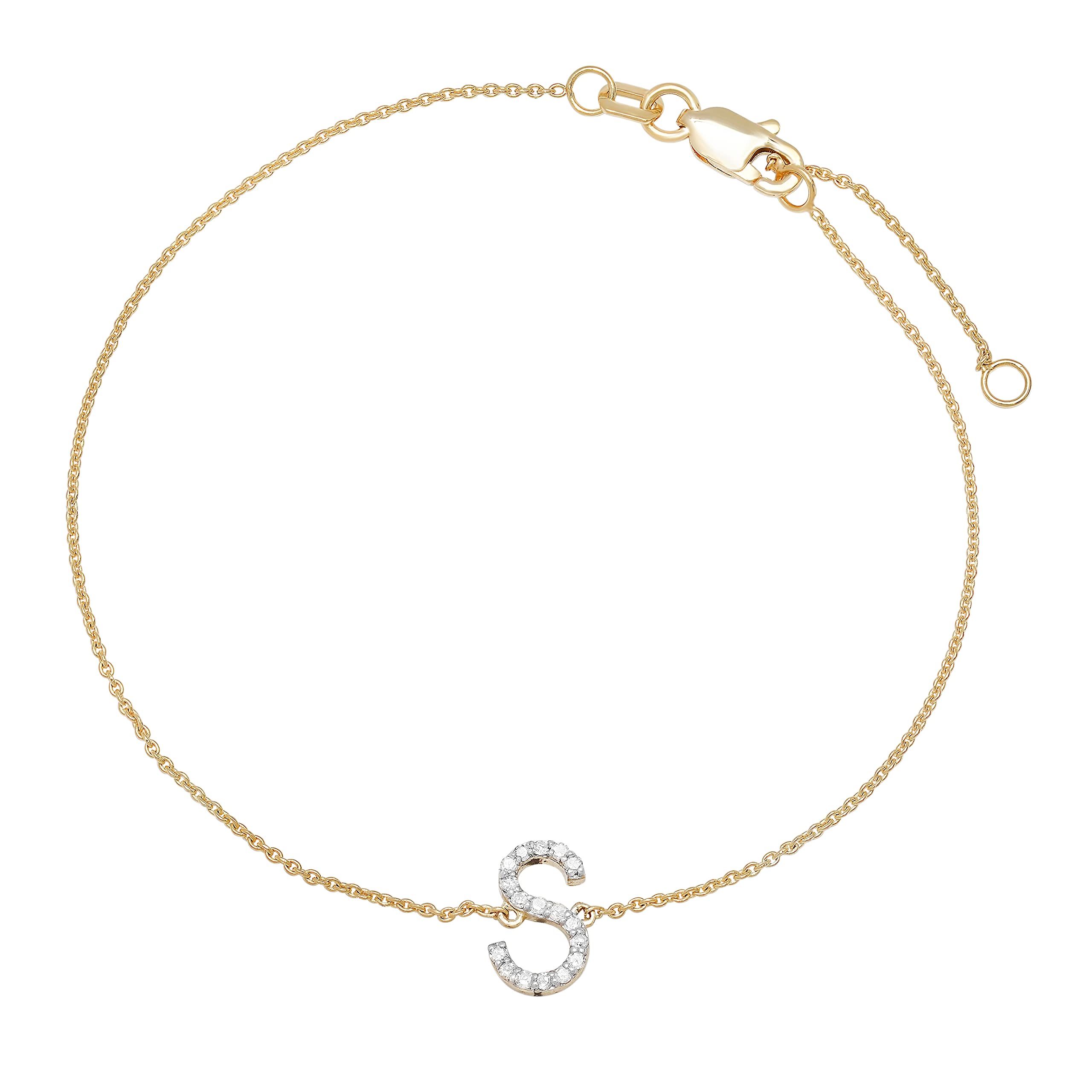 Dazzlingrock Collection Pulsera de cadena con dije de letra inicial del alfabeto de 0,10 quilates (ctw) con diamante blanco redondo para mujer, con extensor de 1 pulgada, 1/10 quilates, oro amarillo