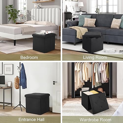 Vista 22 de VECELO Otomana de almacenamiento, reposapiés plegables de 11.8 pulgadas, taburete multiusos para reposapiés, otomanas plegables de tela de lino