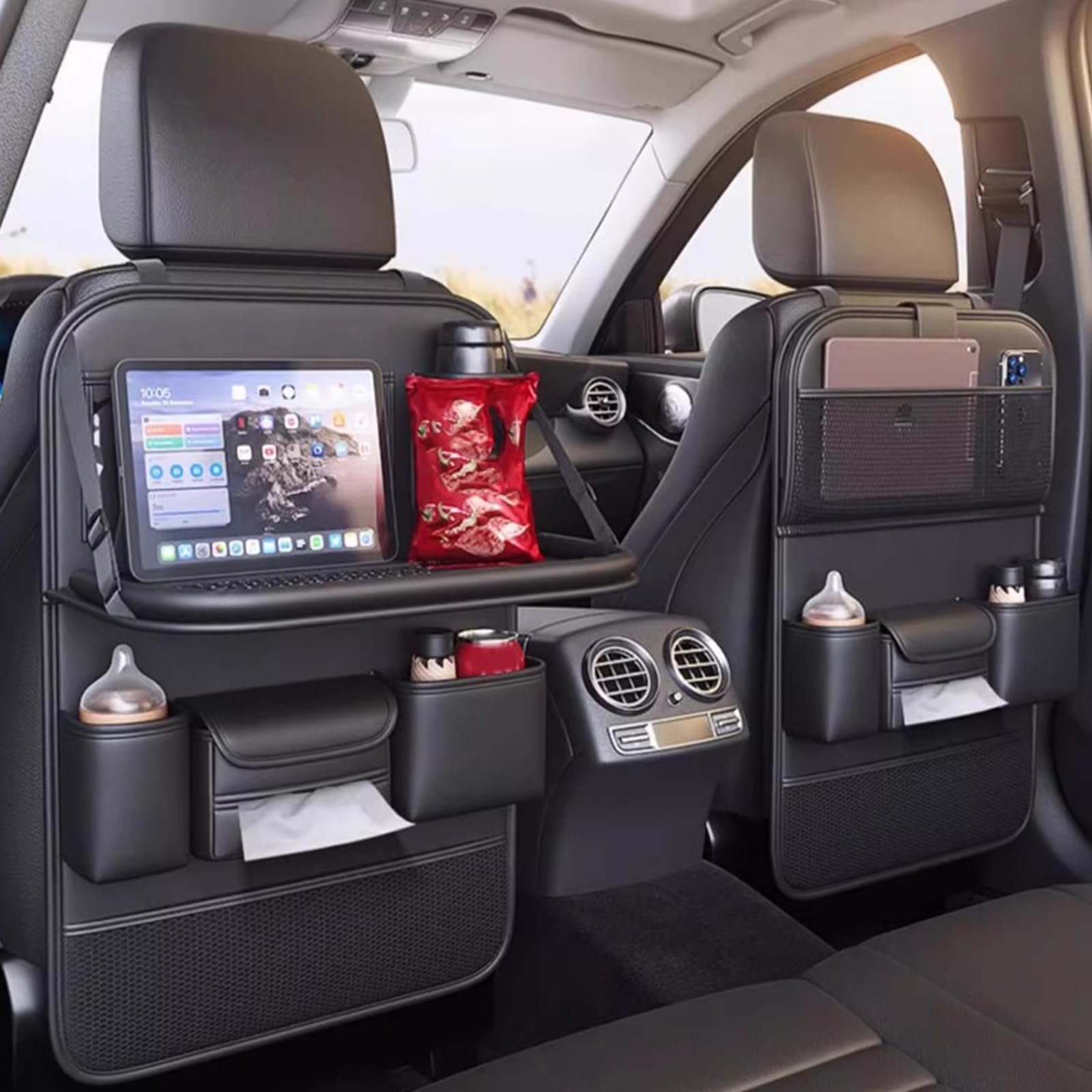 2 organizadores de coche para asiento trasero, protector de respaldo grande, organizador para asiento de coche para niños con mesa plegable, bandeja de mesa plegable, bolsa de almacenamiento para